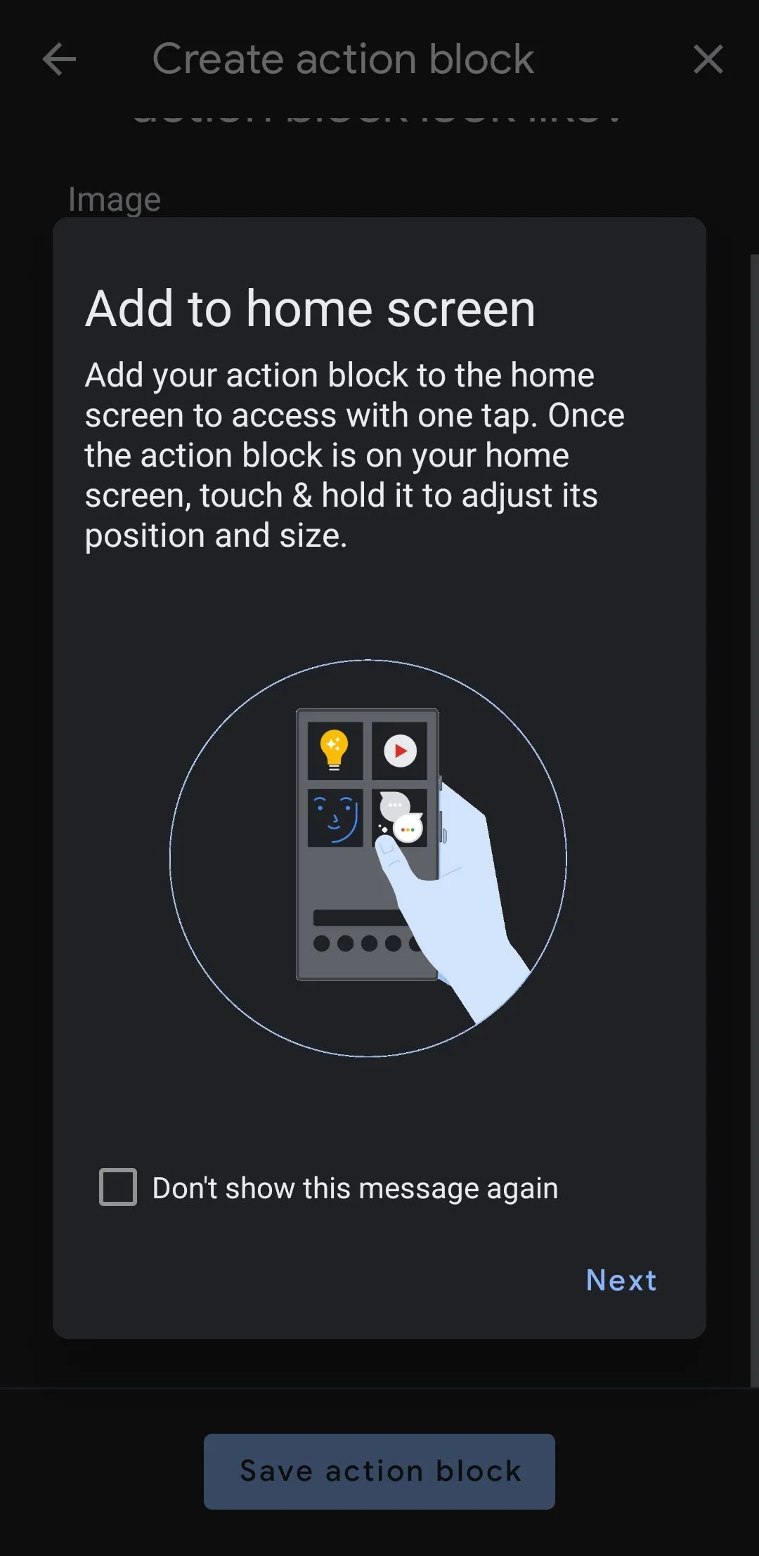 Tùy chọn &quot;Thêm vào màn hình chính&quot; trong ứng dụng Action Blocks trên Android