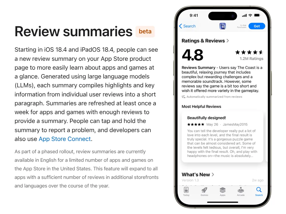 Ví dụ về tính năng tóm tắt đánh giá ứng ứng dụng bằng AI trên App Store của Apple.