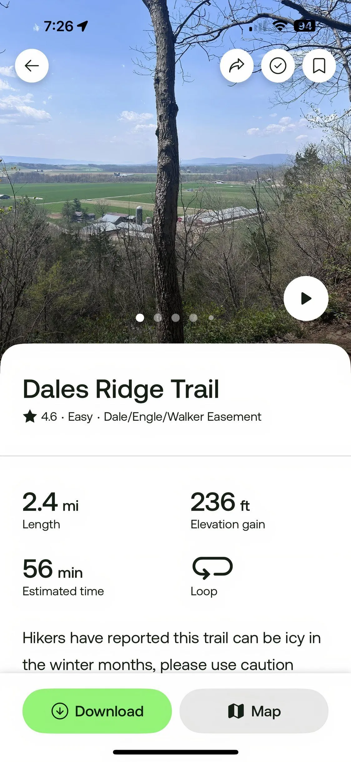 AllTrails hiển thị chi tiết đường mòn trên iPhone