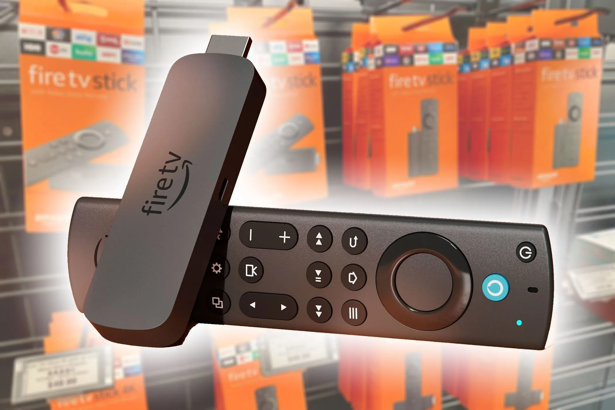 Amazon Fire TV Stick 4K Max và hộp sản phẩm, minh họa tính di động của đầu phát