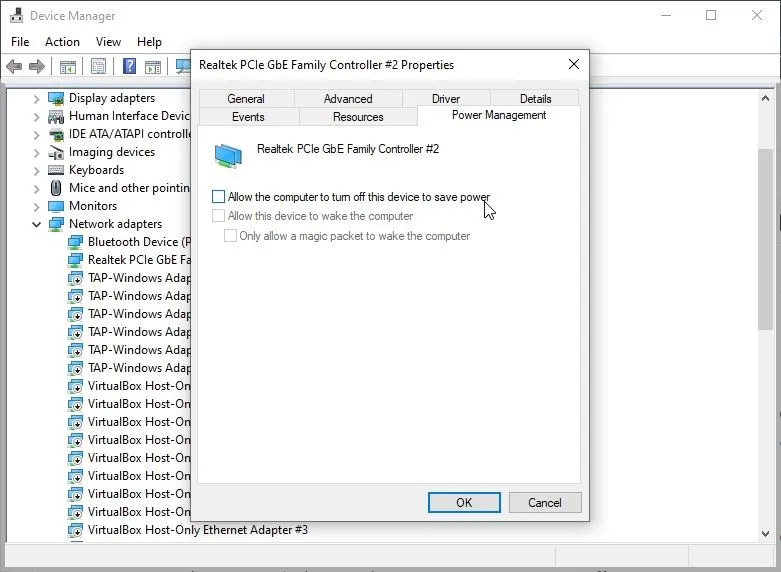 Ảnh chụp màn hình Device Manager trên Windows 10 hiển thị tùy chọn Network Adapters, điều chỉnh cài đặt mạng