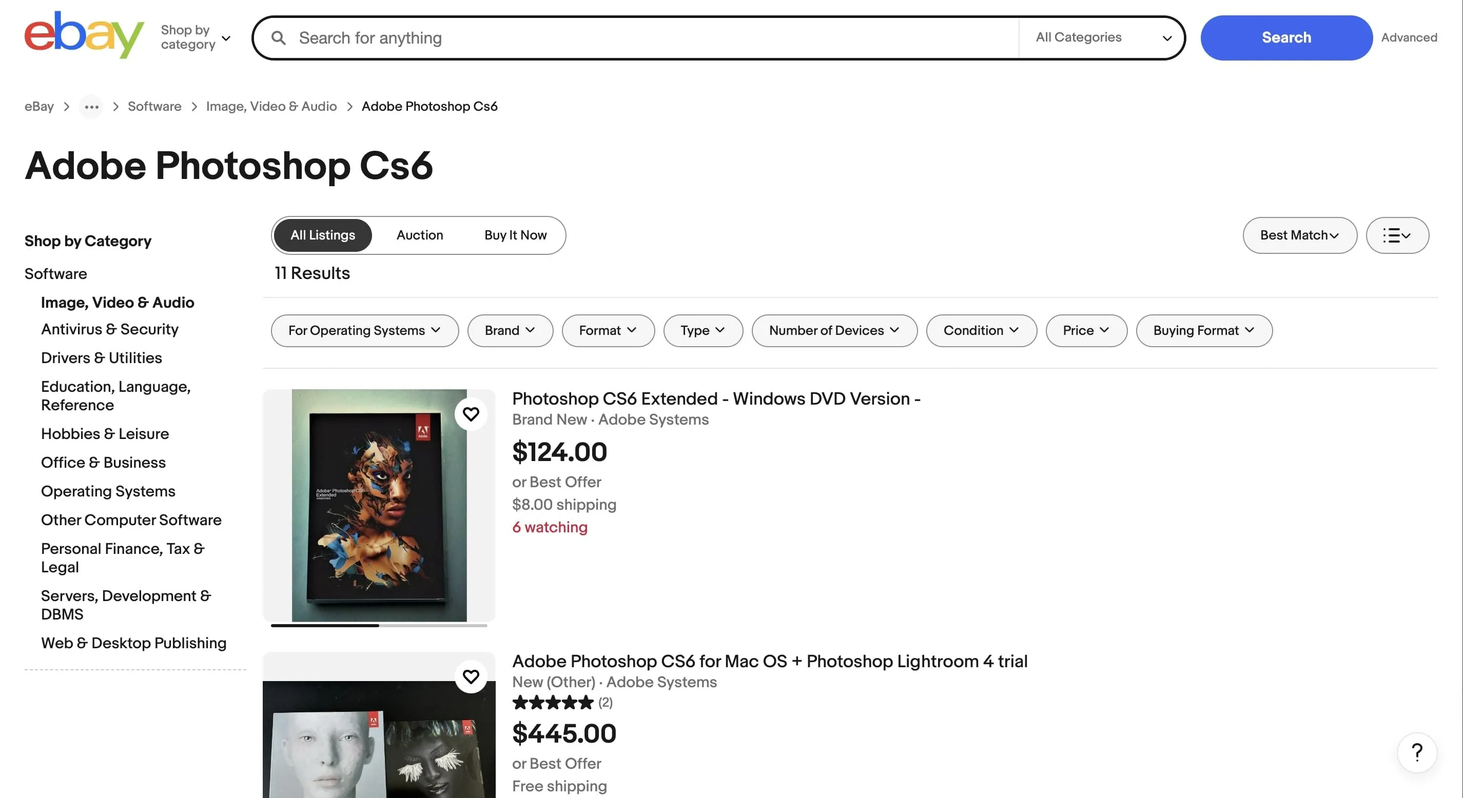 Ảnh chụp màn hình eBay hiển thị phần mềm Adobe CS6 đang rao bán, đại diện cho phiên bản cũ
