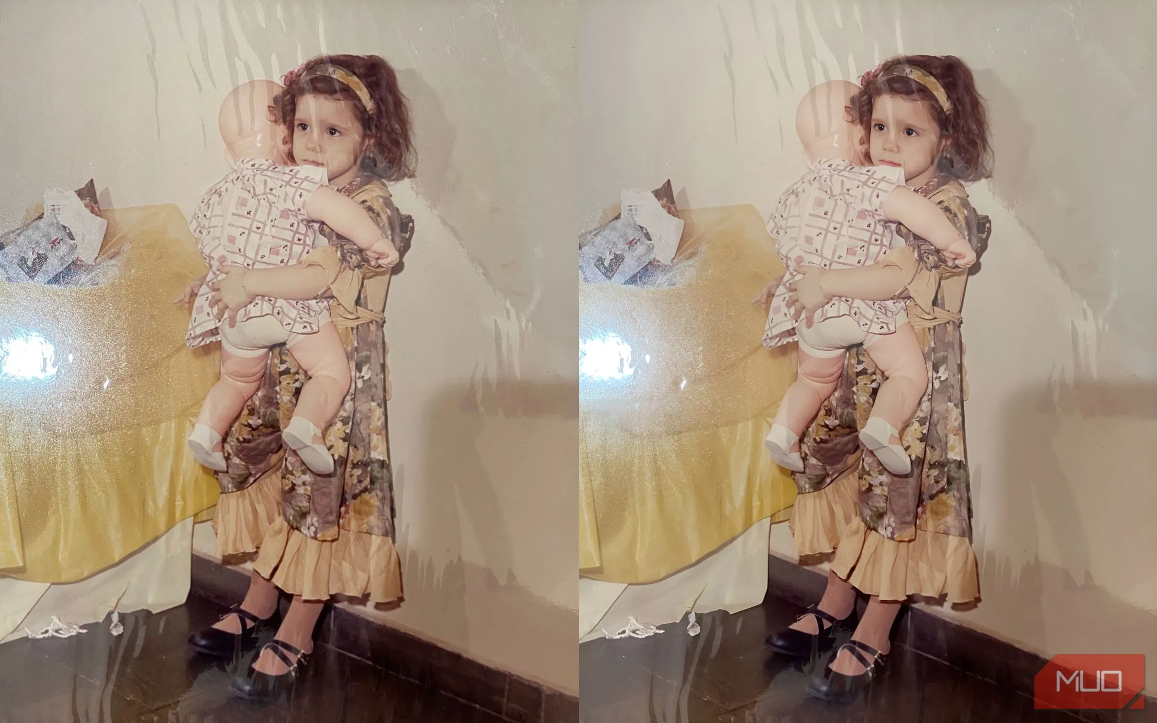 Ảnh cô bé cầm búp bê trước và sau khi phục hồi bằng AI Picsart, cho thấy khuôn mặt mịn màng và búp bê rõ nét hơn.
