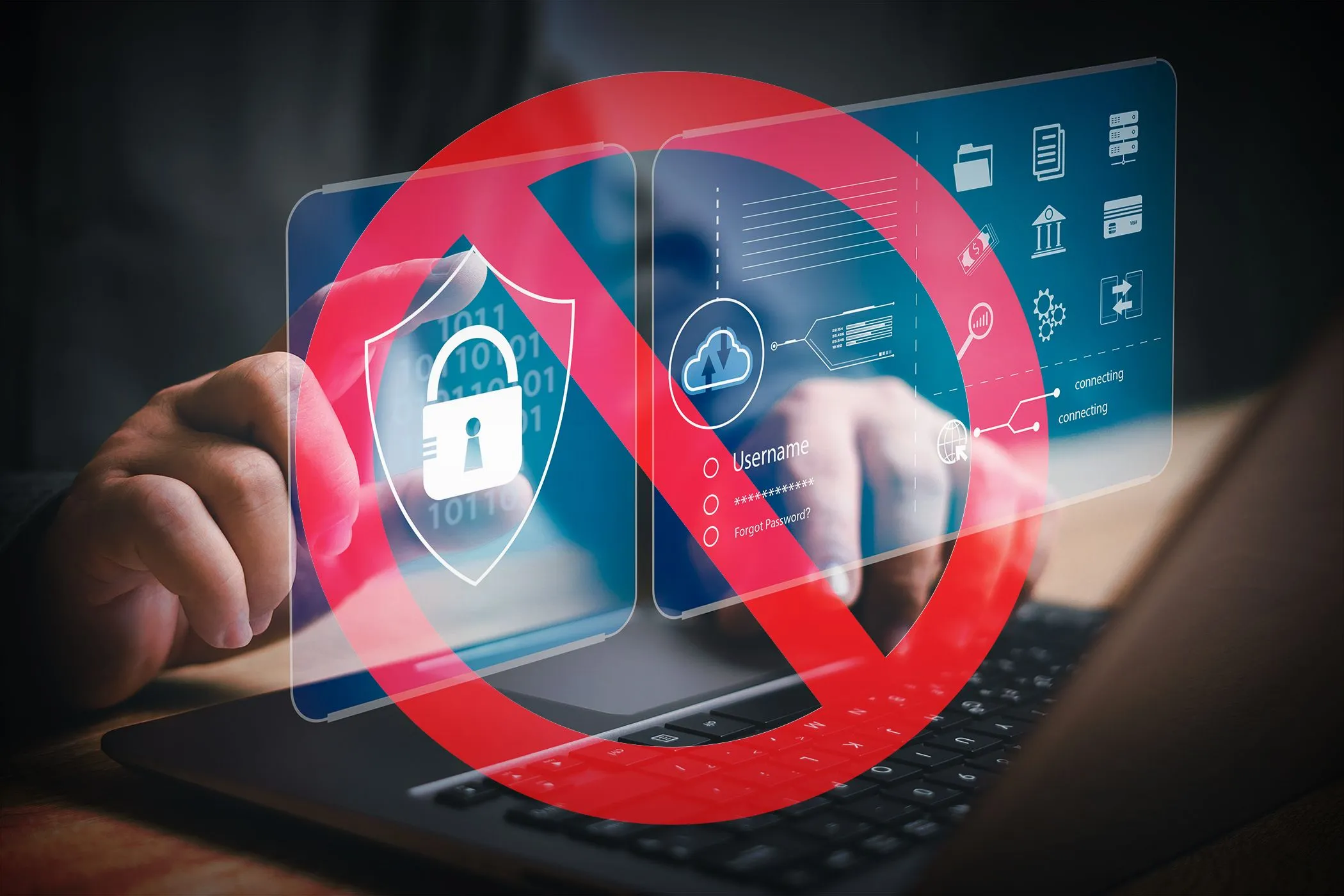Bàn tay đang gõ laptop với biểu tượng cấm trên các icon bảo mật, minh họa rủi ro bảo mật mật khẩu kém.