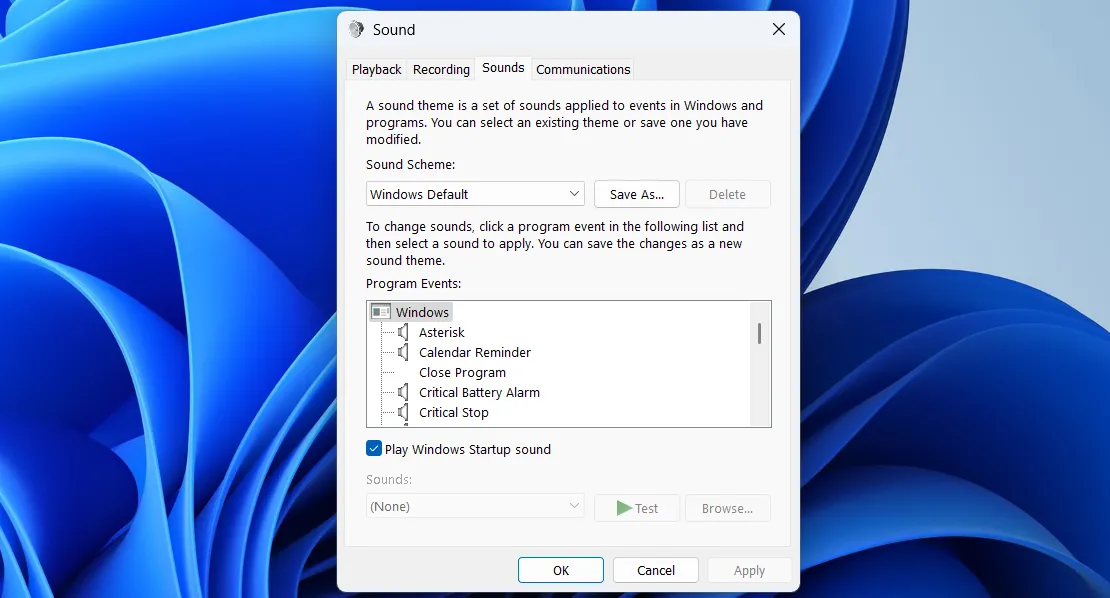 Bảng cài đặt âm thanh cổ điển trên Windows 11, hiển thị các thiết bị và tùy chọn điều khiển âm thanh hệ thống