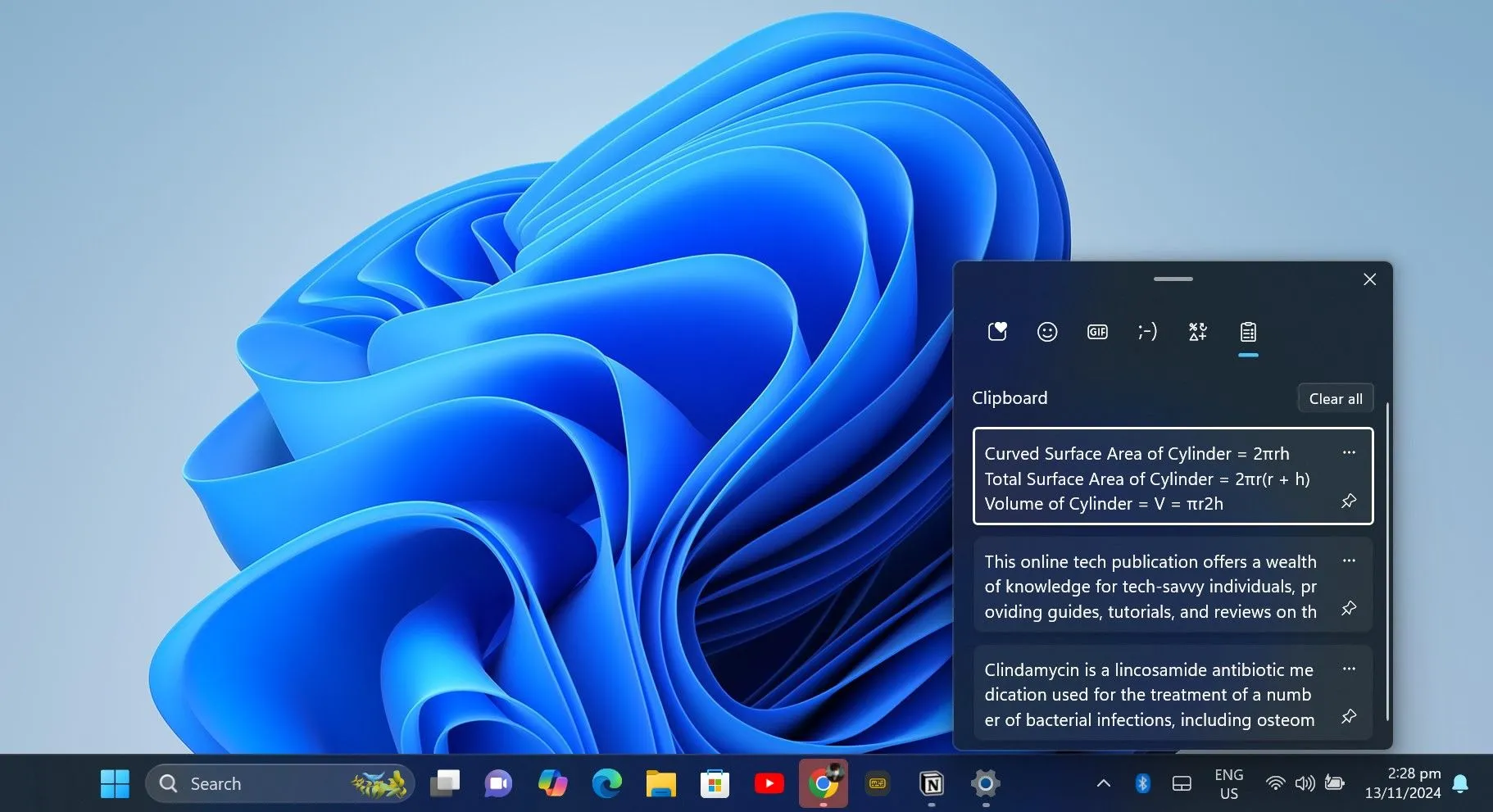 Bảng điều khiển Lịch sử Clipboard (Windows Key + V) hiển thị các mục đã sao chép