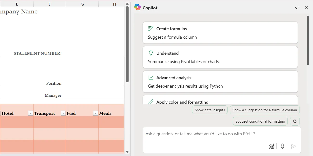Bảng điều khiển phụ của Copilot tích hợp trong Microsoft Excel
