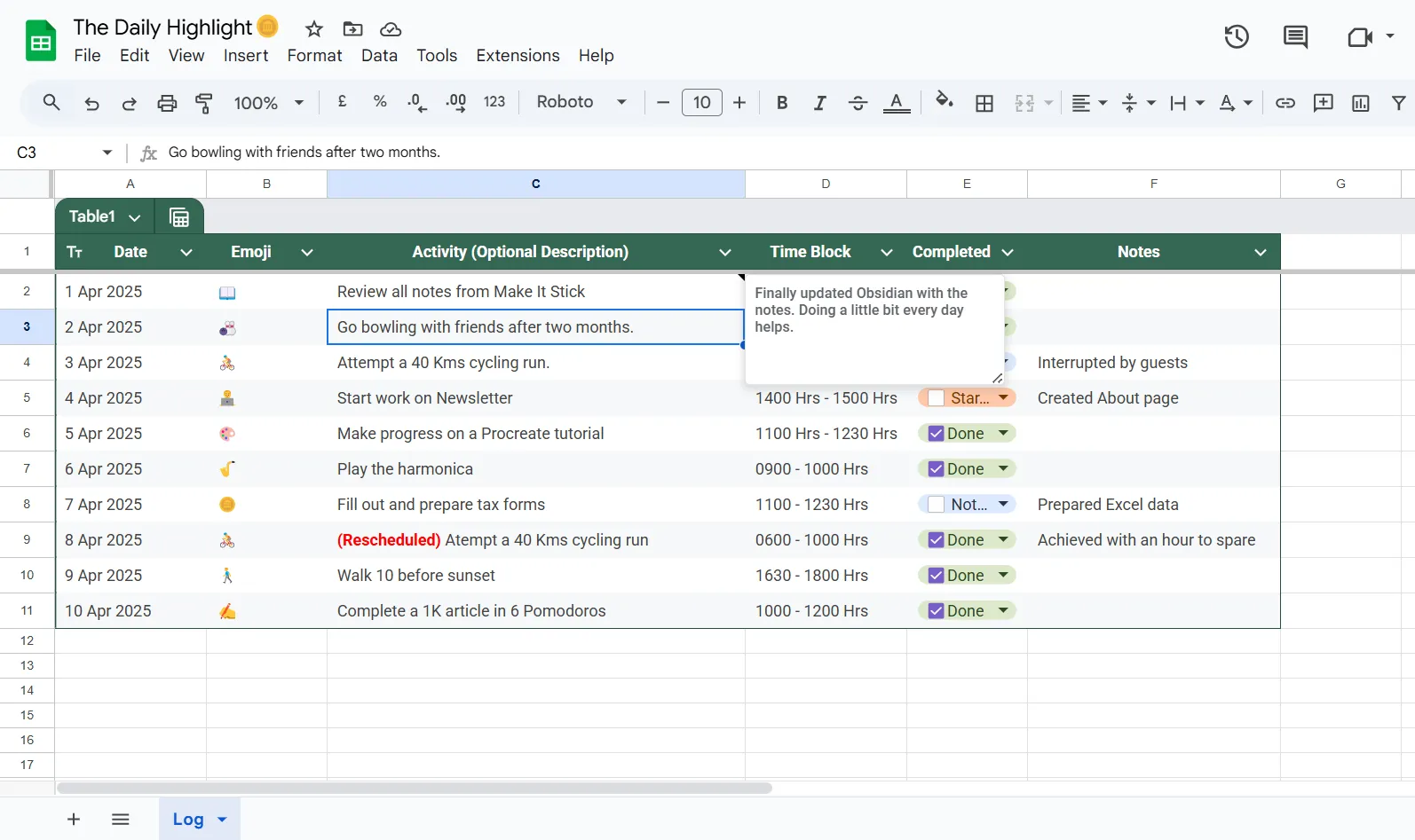 Bảng Google Sheets hiển thị &quot;Điểm nhấn hàng ngày&quot; và các nhiệm vụ ưu tiên