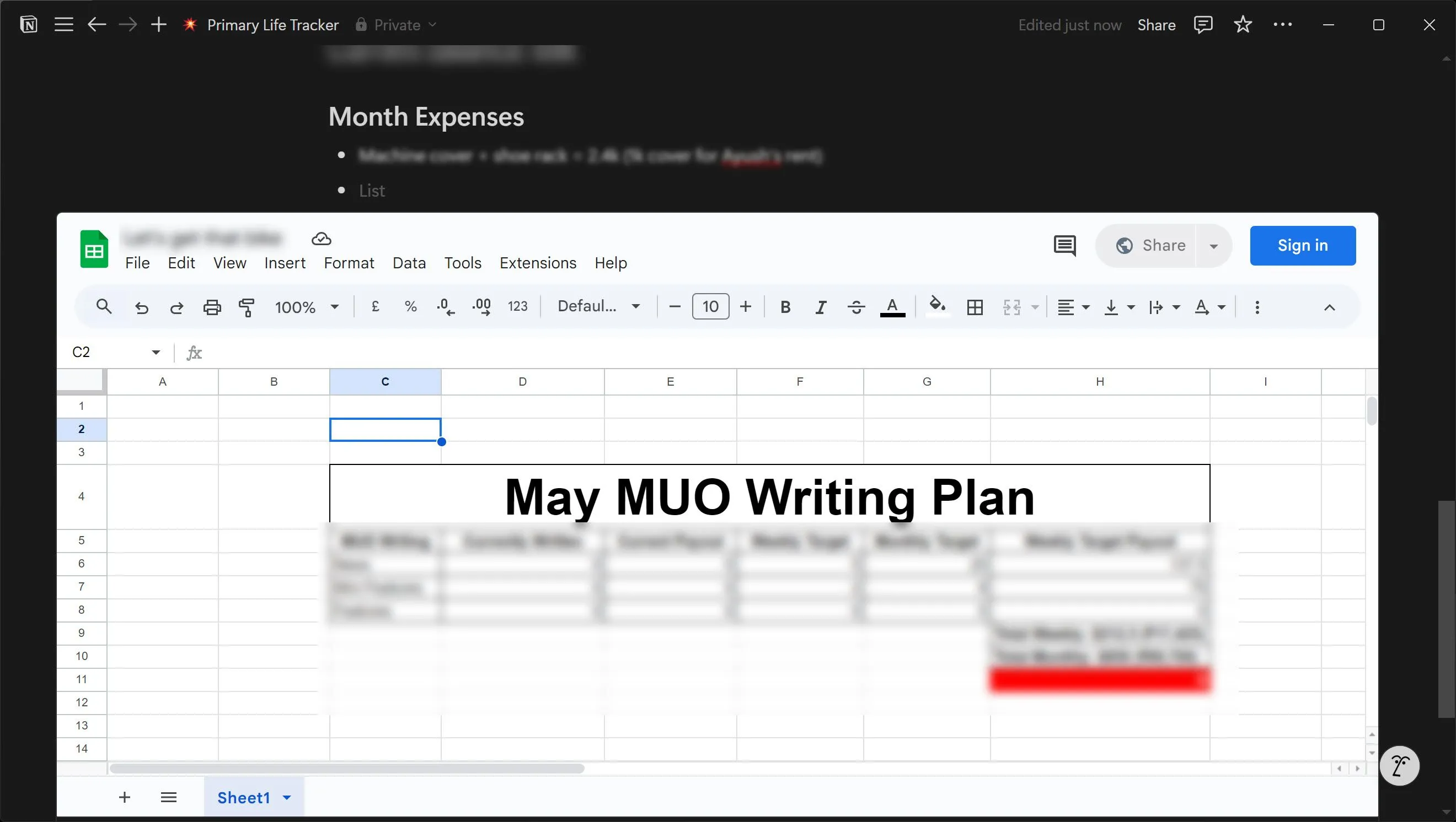 Bảng tính Google Sheets được nhúng trực tiếp vào một trang Notion, minh họa khả năng tích hợp