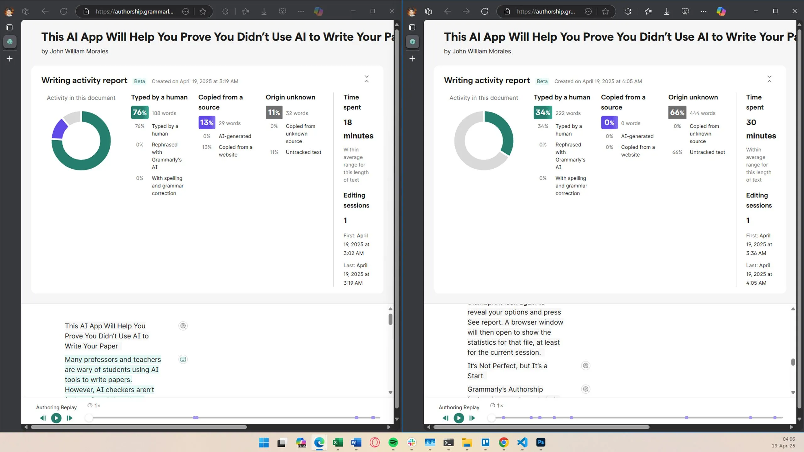 Báo cáo Grammarly Authorship hiển thị nội dung là 'Không rõ nguồn gốc' do tệp được mở lại, minh họa hạn chế của tính năng.