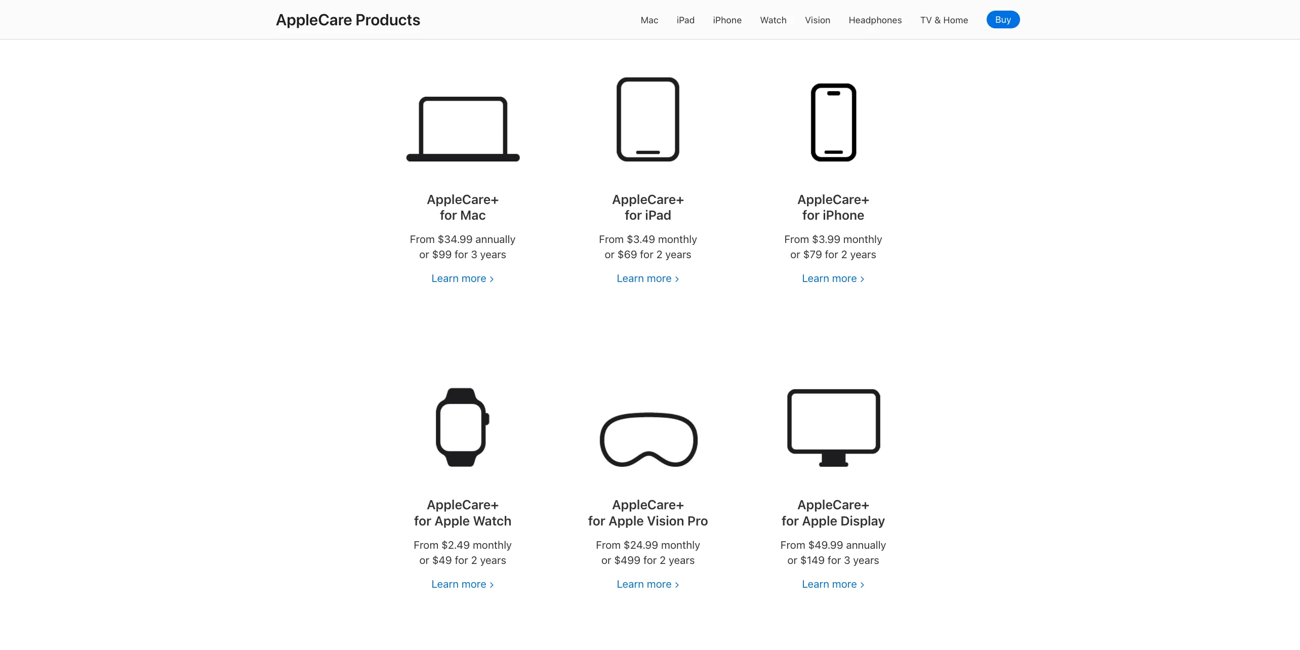 Biểu đồ các gói AppleCare+ theo từng sản phẩm Apple kèm giá