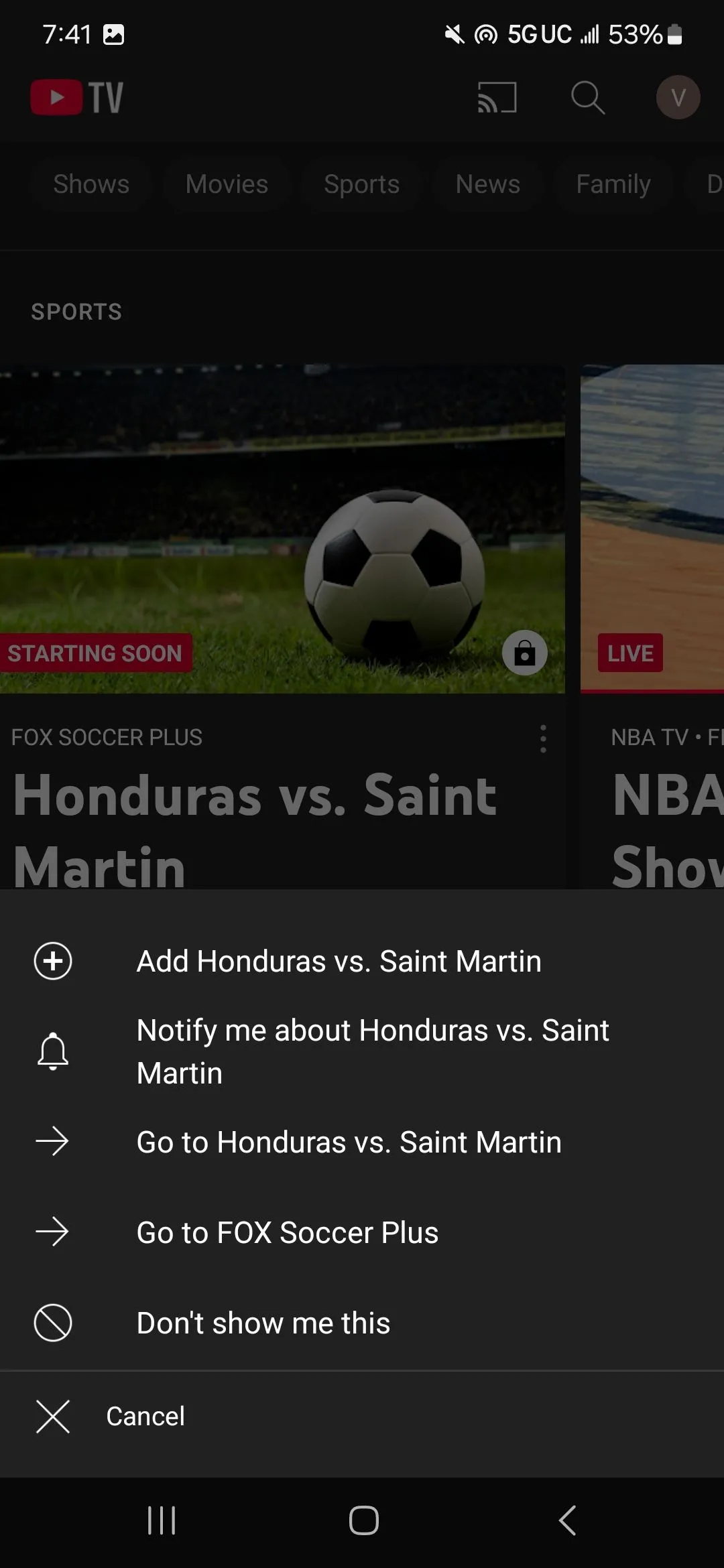 Biểu tượng chuông thông báo trên ứng dụng YouTube TV cho phép người dùng nhận nhắc nhở về các chương trình trực tiếp.