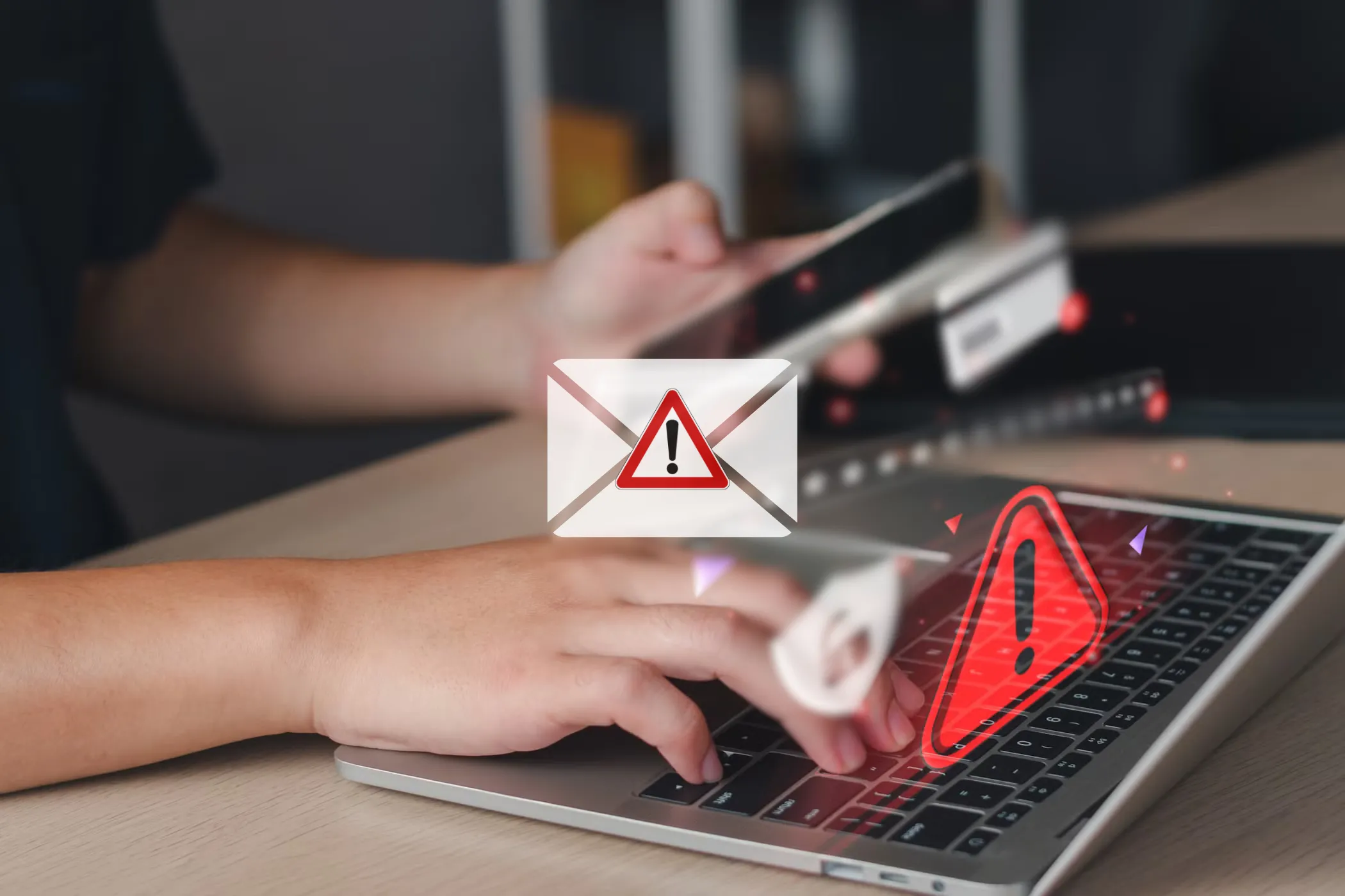 Biểu tượng email lừa đảo phía trước màn hình laptop, nhấn mạnh tầm quan trọng của việc khóa thiết bị để bảo vệ thông tin.