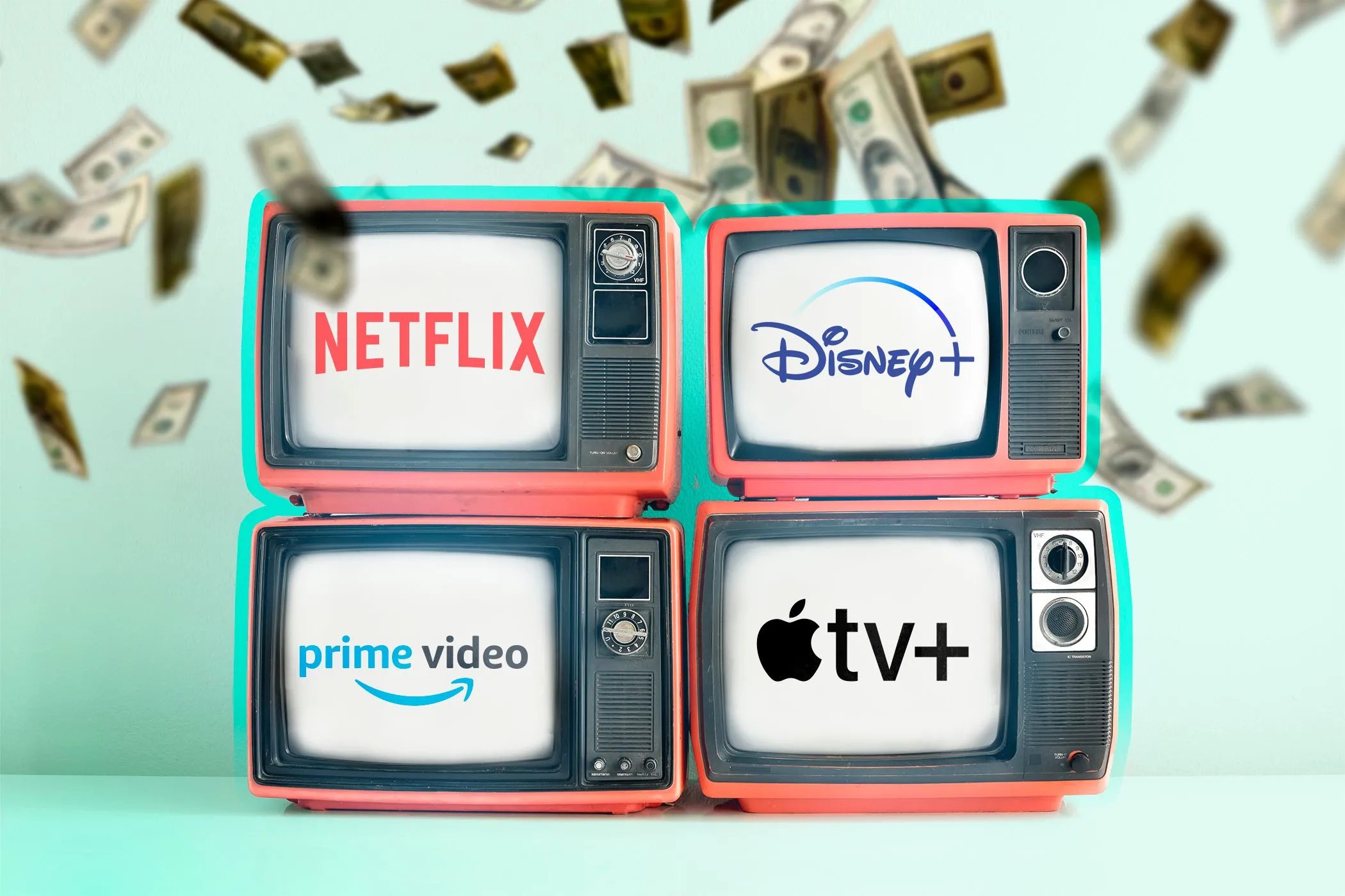 Bốn chiếc TV với logo dịch vụ streaming và tiền rơi xuống, minh họa doanh thu từ dữ liệu người dùng Smart TV