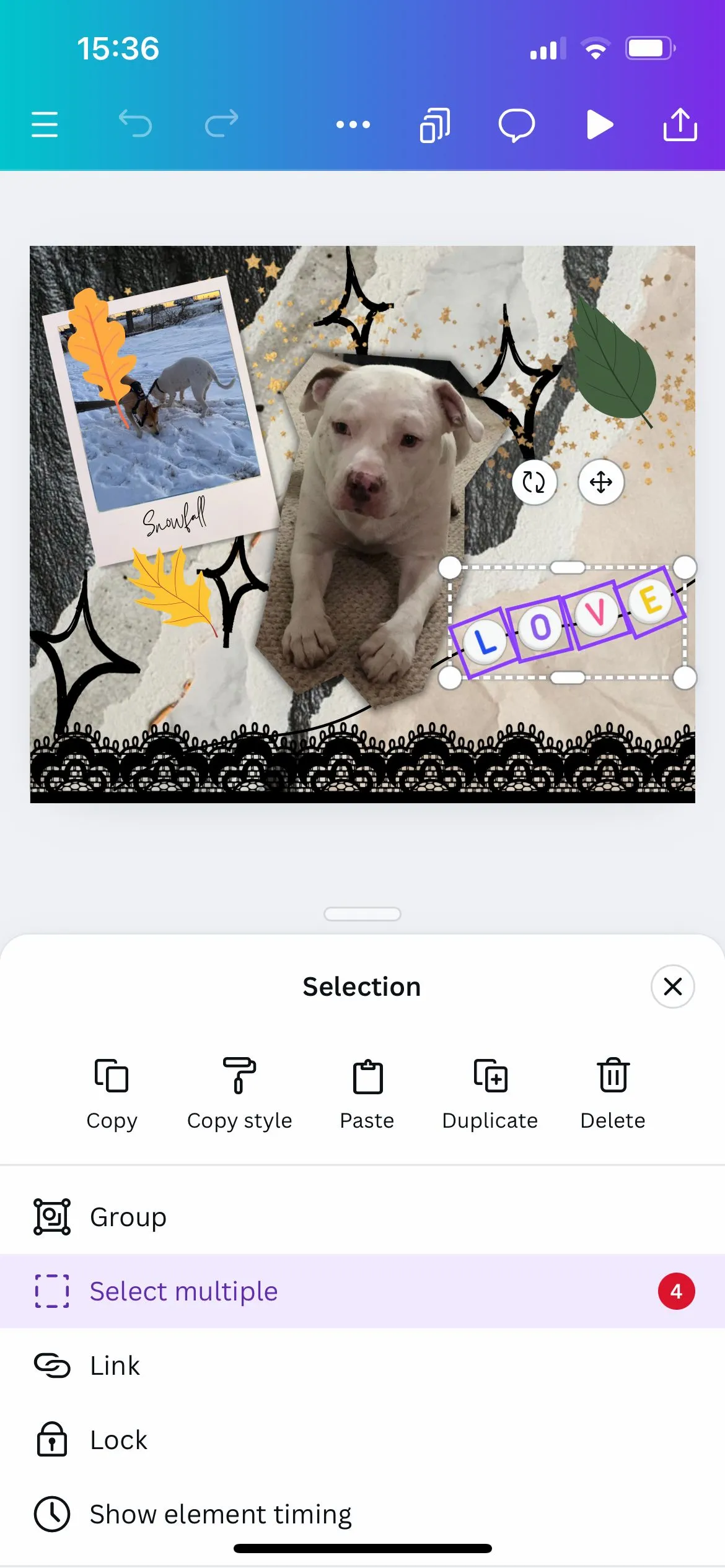 Các đối tượng được chọn và đánh dấu bằng hộp chấm trắng trên ứng dụng Canva