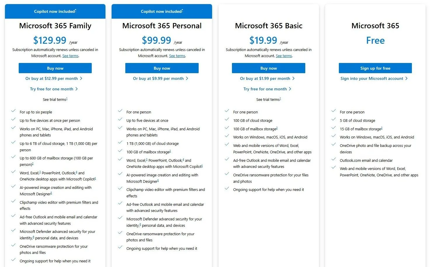 Các lựa chọn gói thuê bao Microsoft 365, bao gồm dung lượng lưu trữ OneDrive 1TB