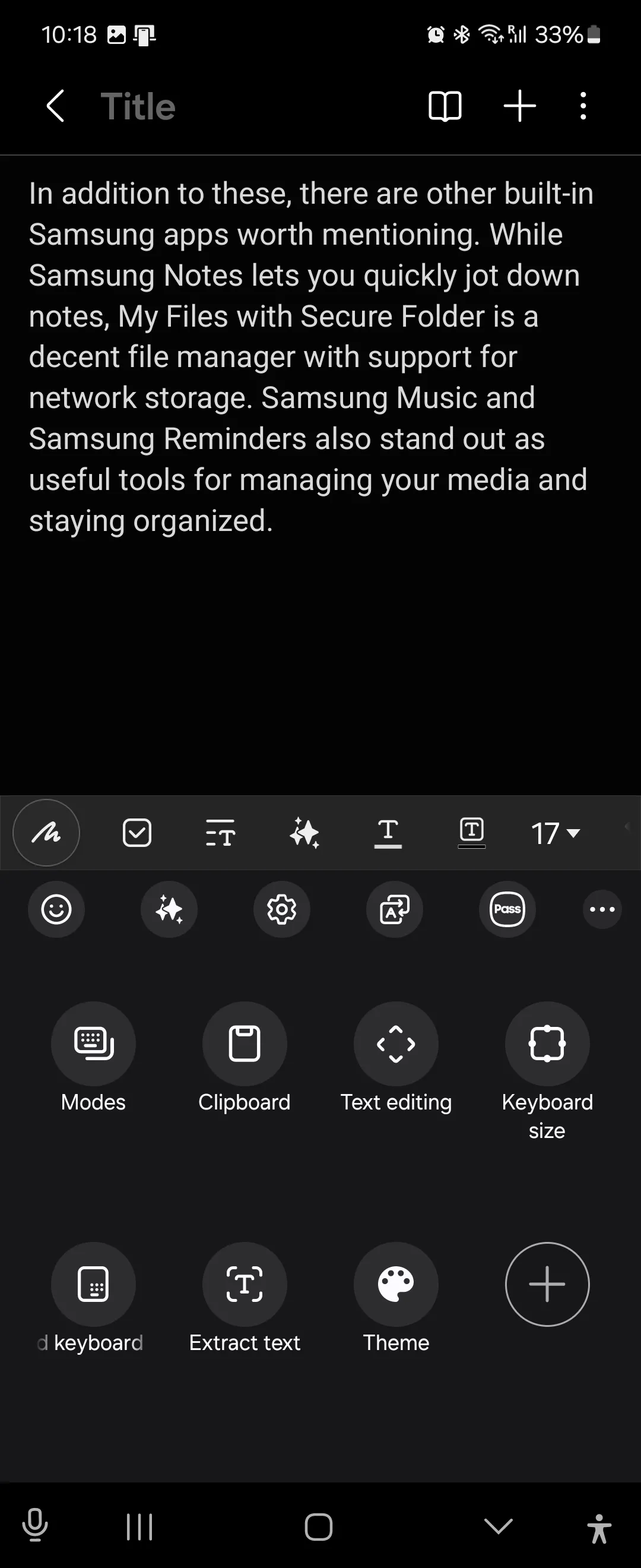 Các phím tắt tiện ích trên bàn phím Samsung Keyboard dẫn đến Samsung Pass và các tính năng khác trong Samsung Notes