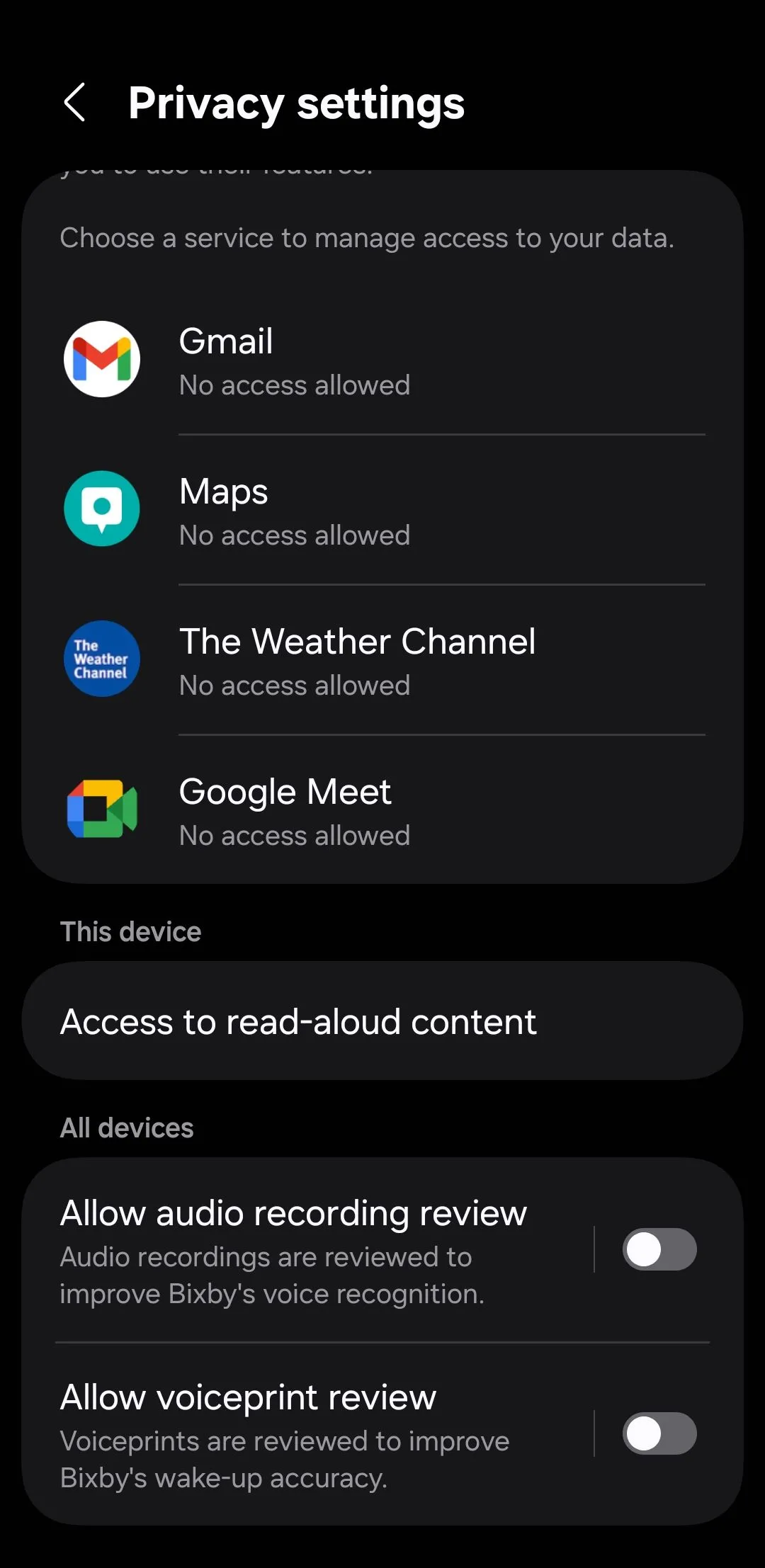 Các tùy chọn cài đặt quyền riêng tư chi tiết trong mục Bixby của Samsung