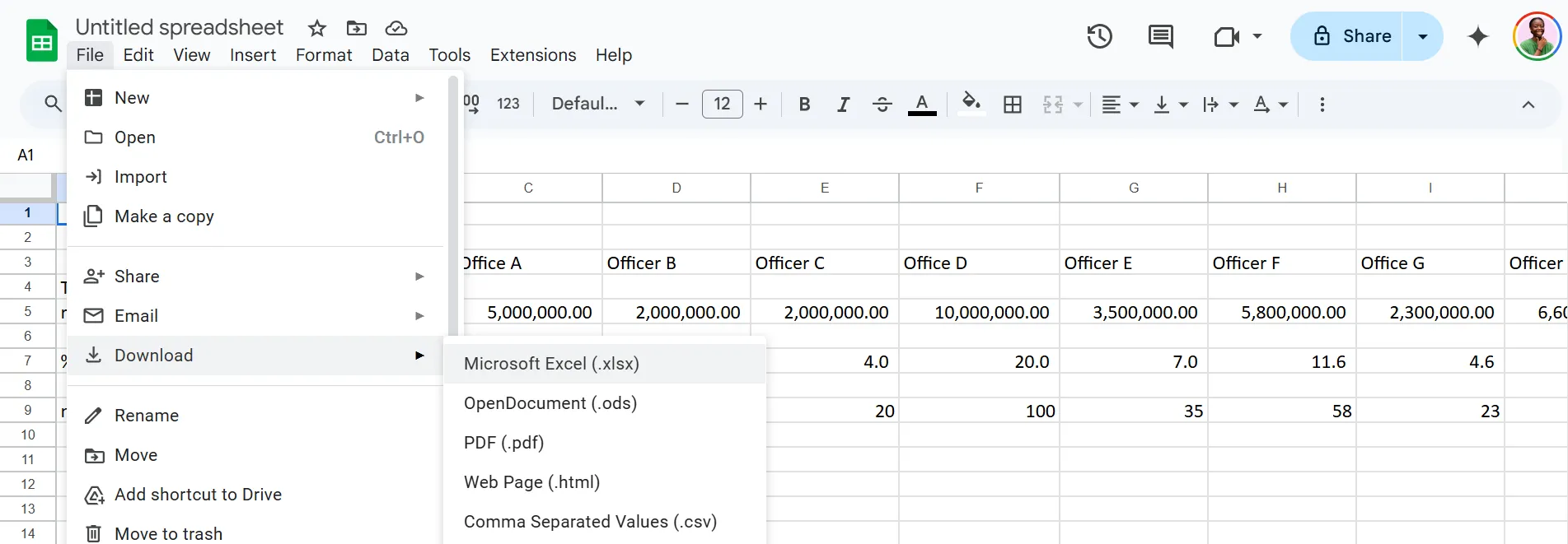 Các tùy chọn định dạng tải xuống file bảng tính Google Sheets qua menu Tệp, bao gồm .xlsx cho Excel