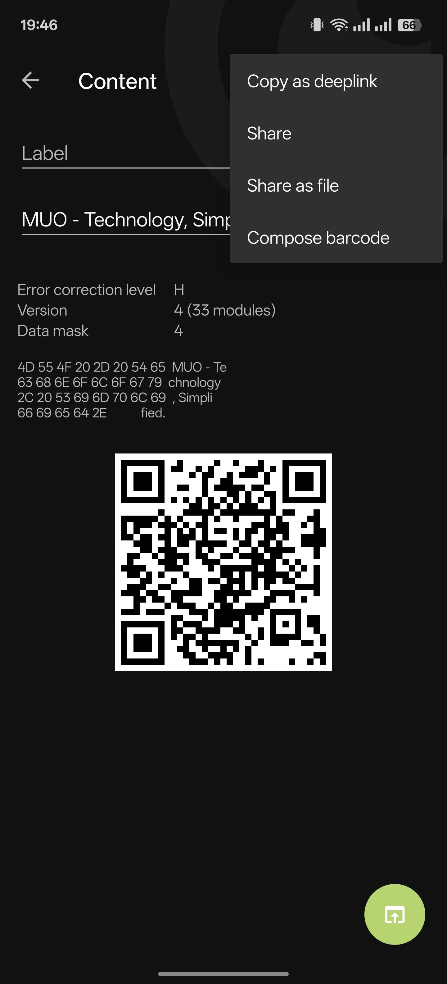 Các tùy chọn hành động sau khi quét mã QR trong BinaryEye.