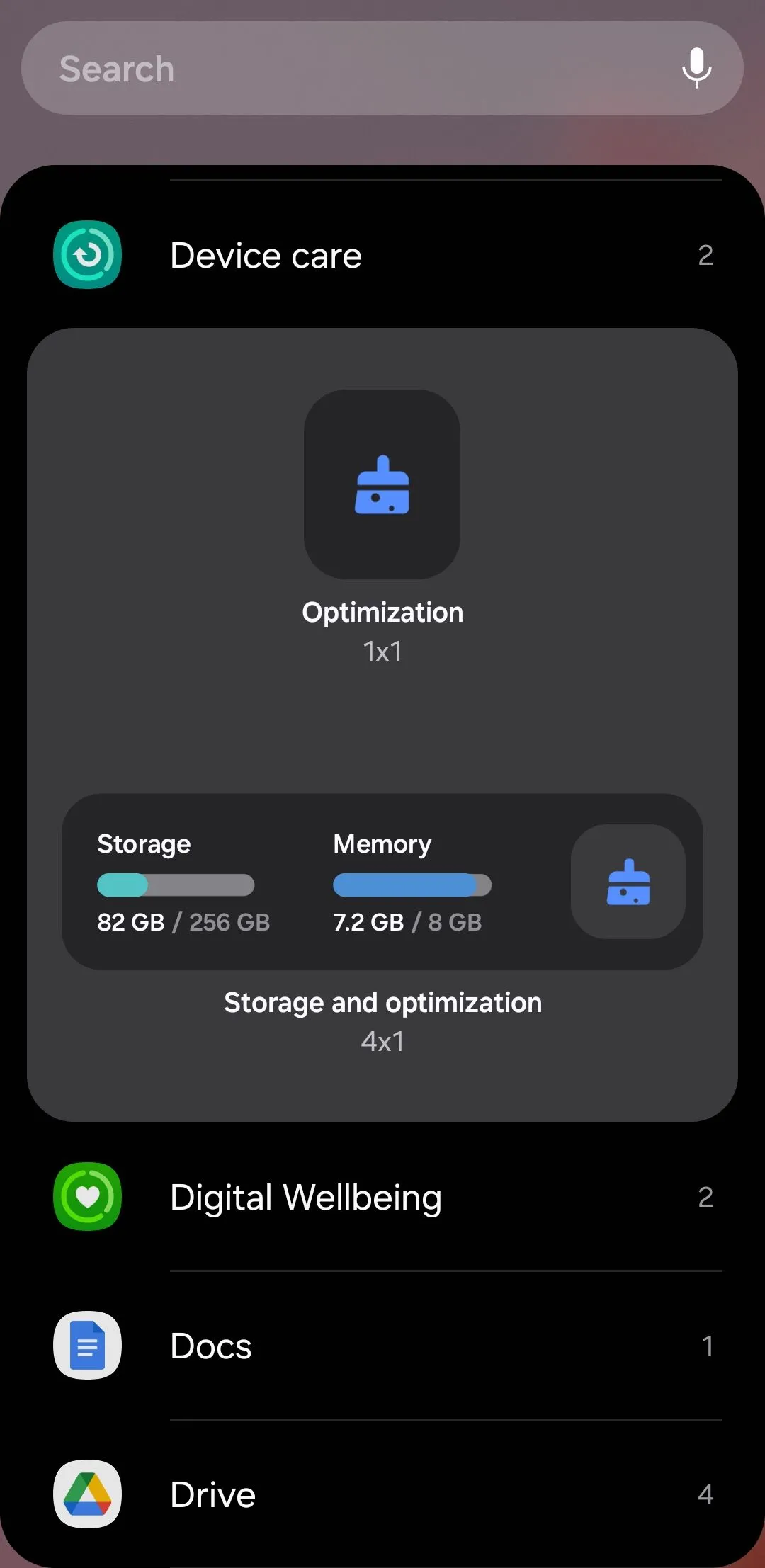 Các tùy chọn widget chăm sóc thiết bị trên Android