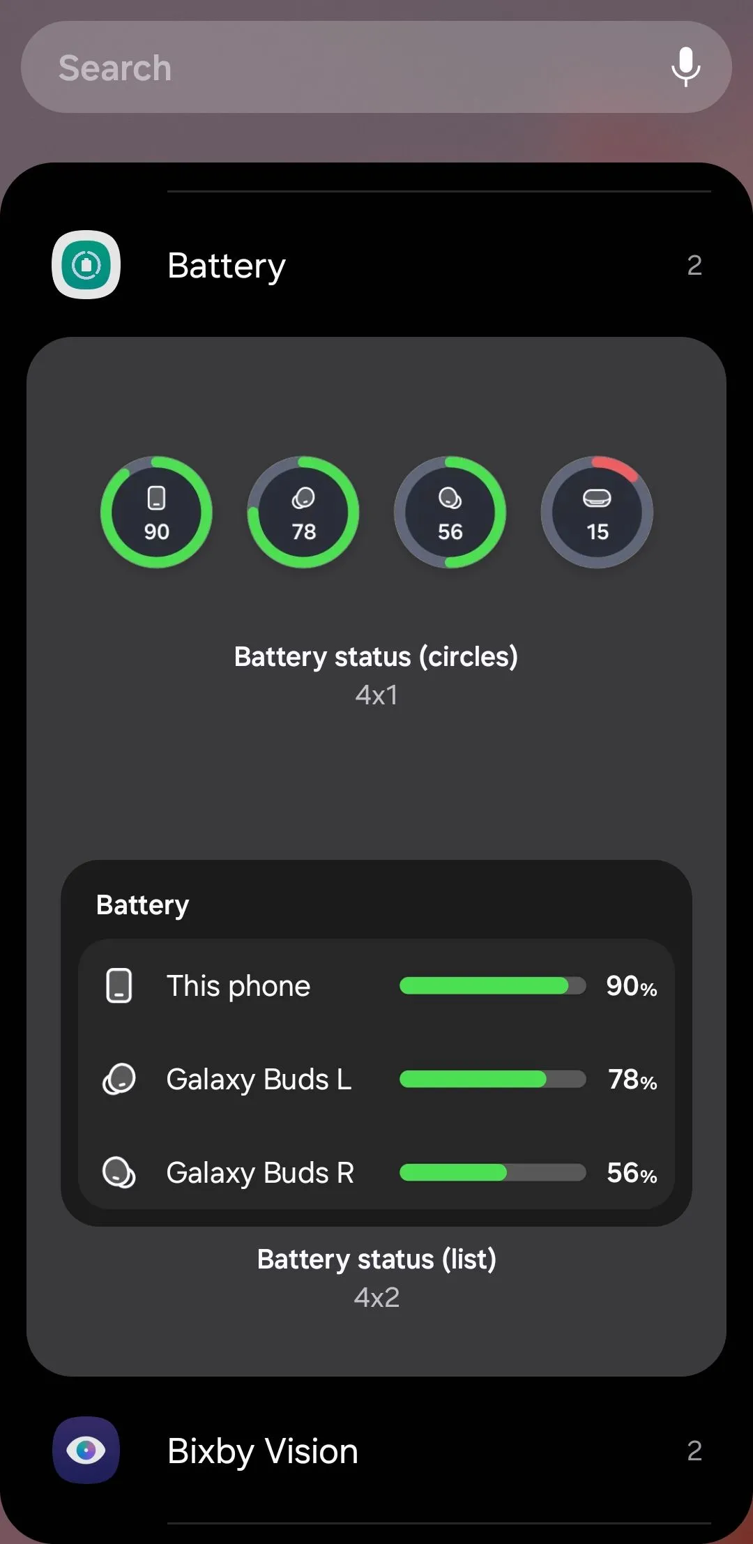 Các tùy chọn widget pin trên điện thoại Android Samsung