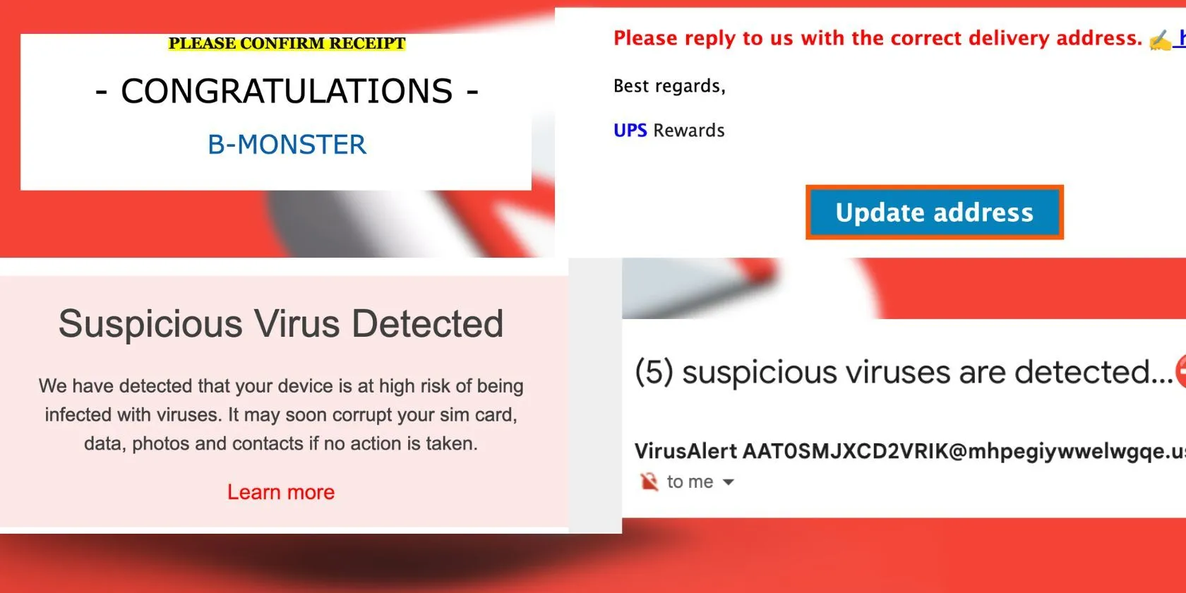 Các ví dụ email spam và lừa đảo qua Gmail, minh họa nguy cơ tấn công phishing