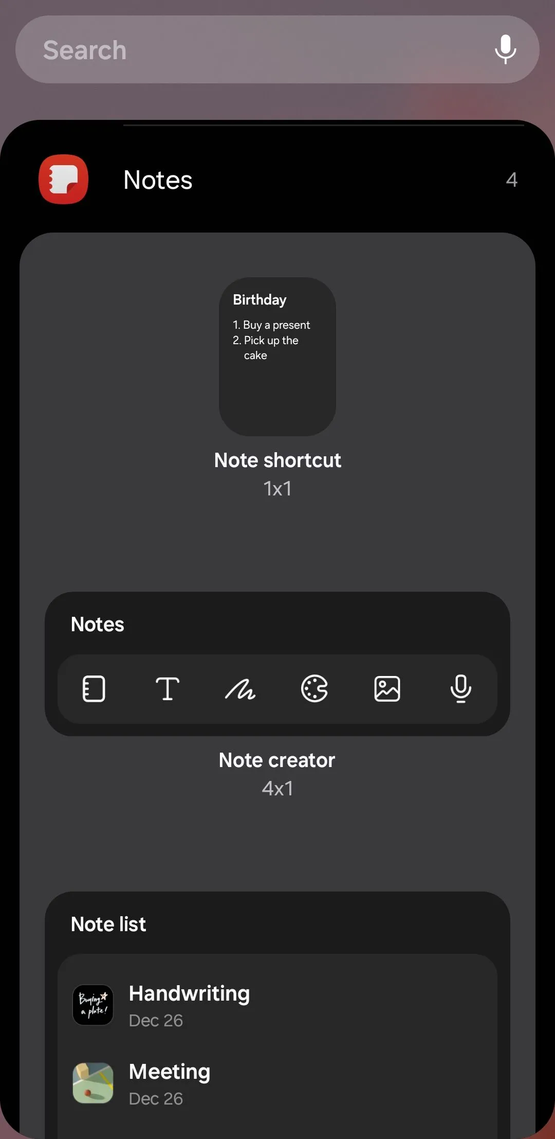 Các widget ghi chú Samsung Notes trên điện thoại Galaxy