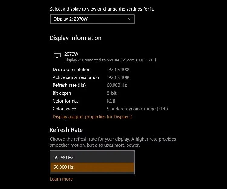 Cài đặt Advanced display settings trên Windows 10 với tùy chọn thay đổi tần số quét màn hình