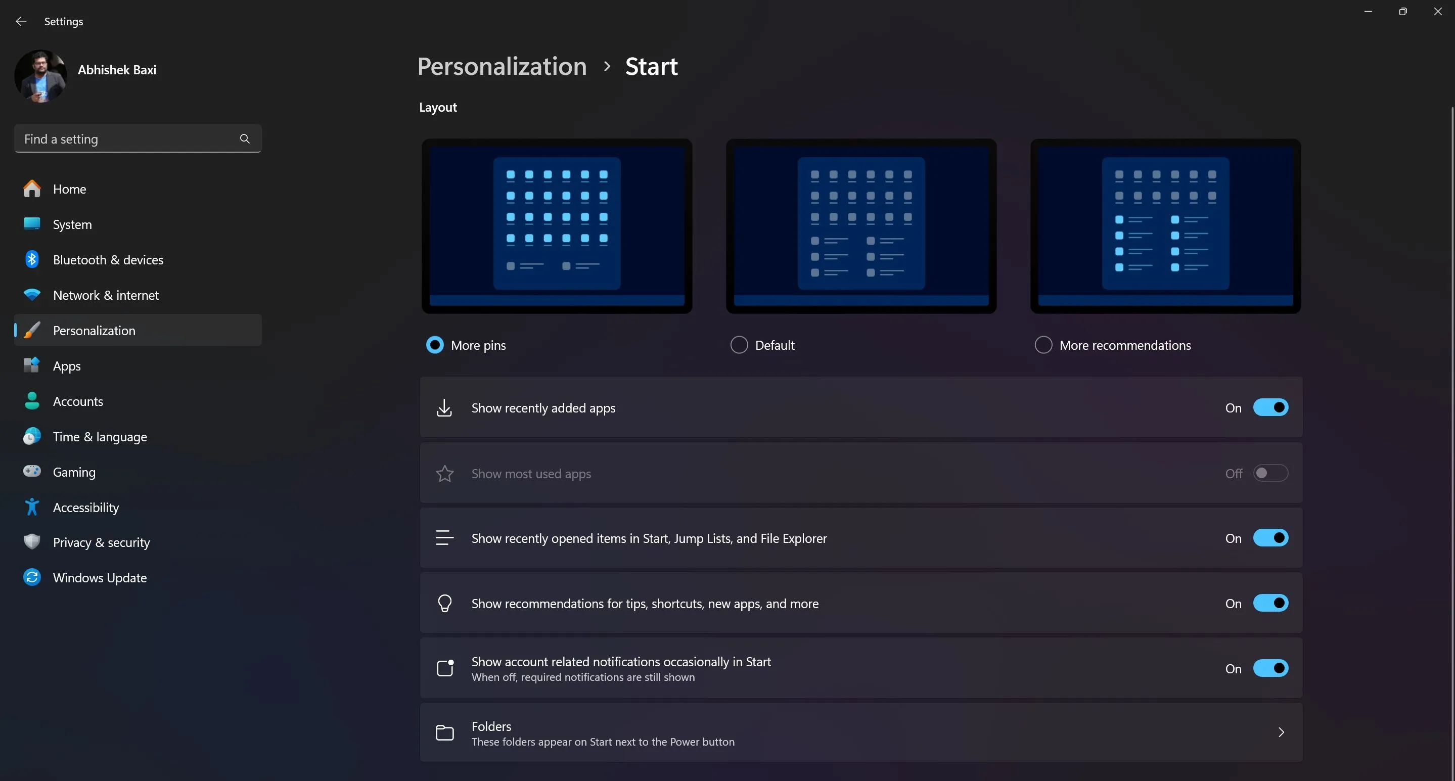 Cài đặt bố cục Start Menu trên Windows 11 để ưu tiên ứng dụng đã ghim