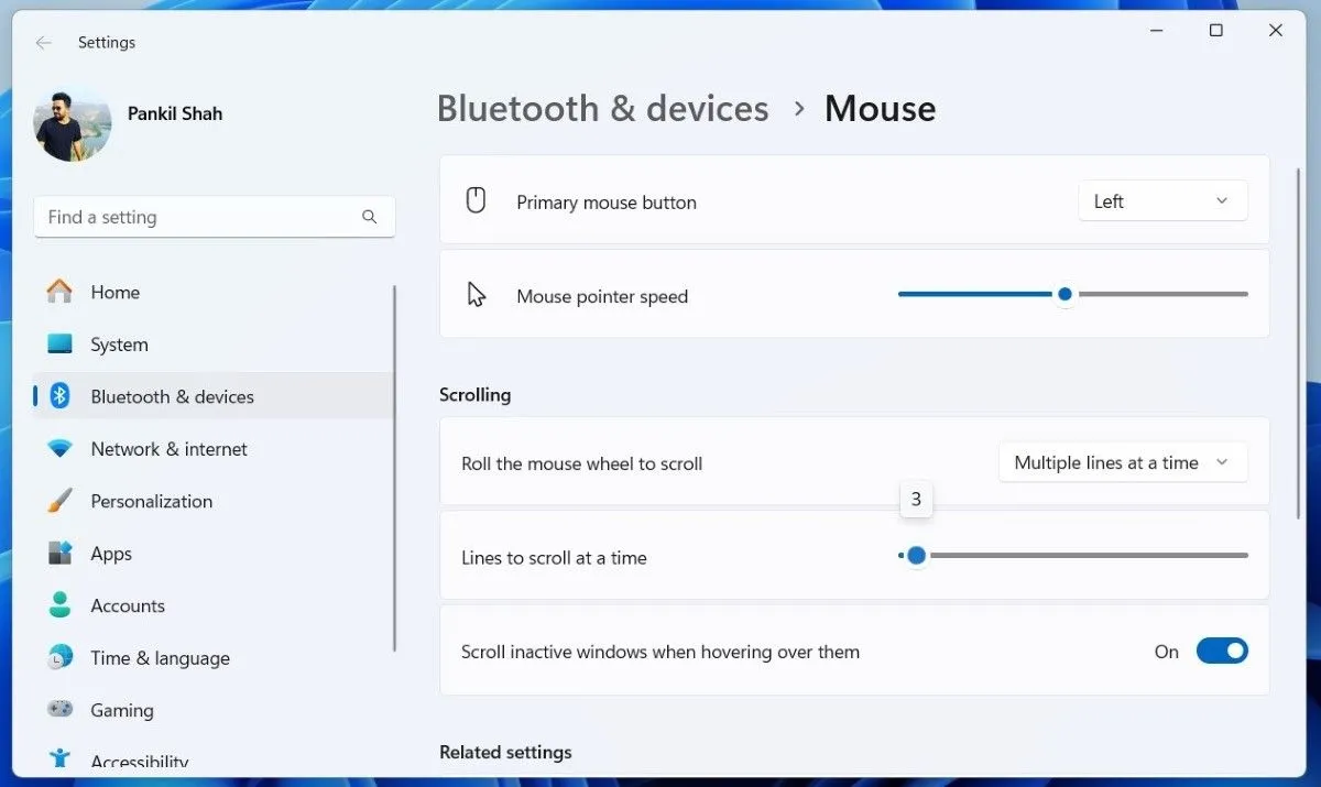 Cài đặt cuộn chuột trong Windows 11 hiển thị tùy chọn cuộn nhiều dòng
