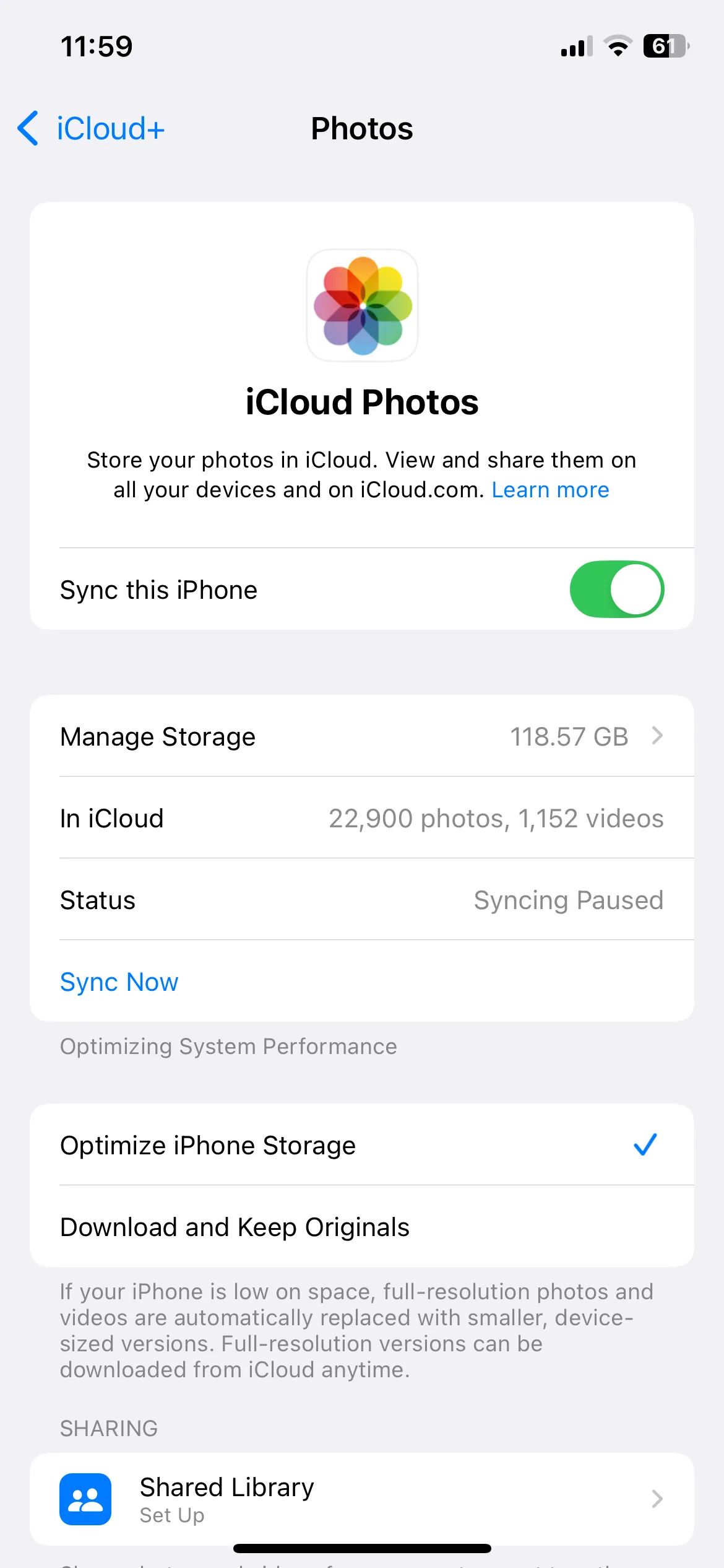 Cài đặt iCloud Photos với tùy chọn Tối ưu hóa Dung lượng iPhone