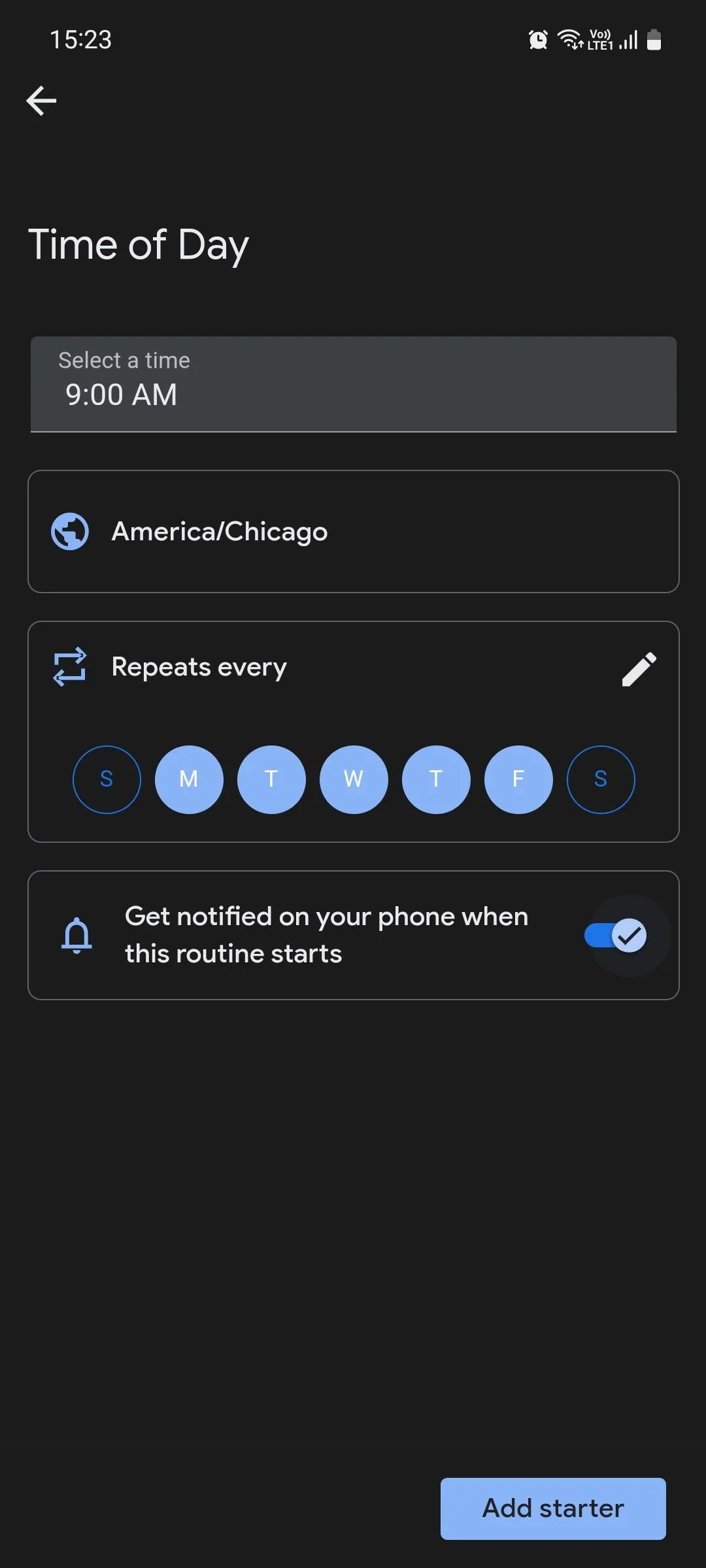 Cài đặt kích hoạt quy trình theo thời gian trong Google Assistant Routines, minh họa khả năng thiết lập tự động hóa dựa trên giờ giấc.