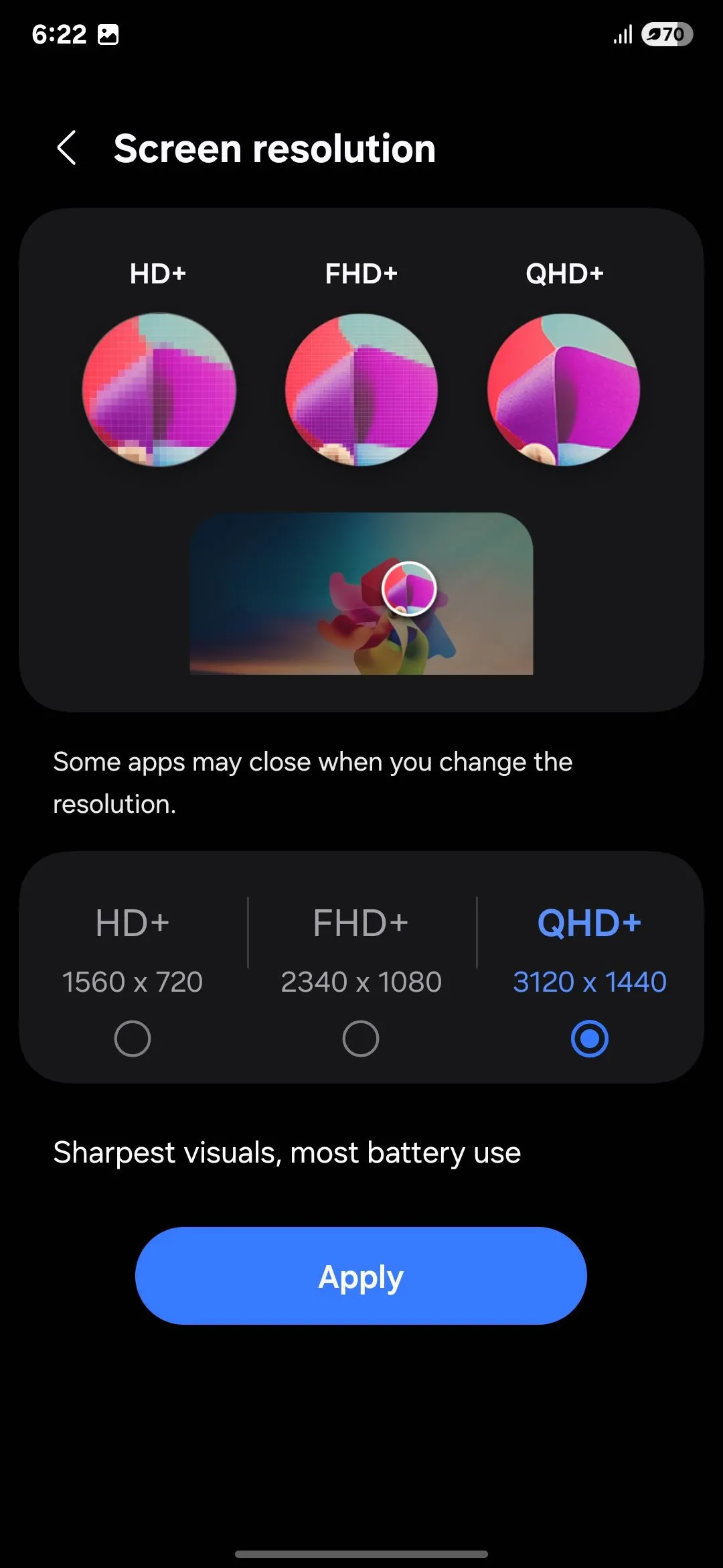 Cài đặt lựa chọn độ phân giải màn hình QHD+ trên điện thoại Samsung