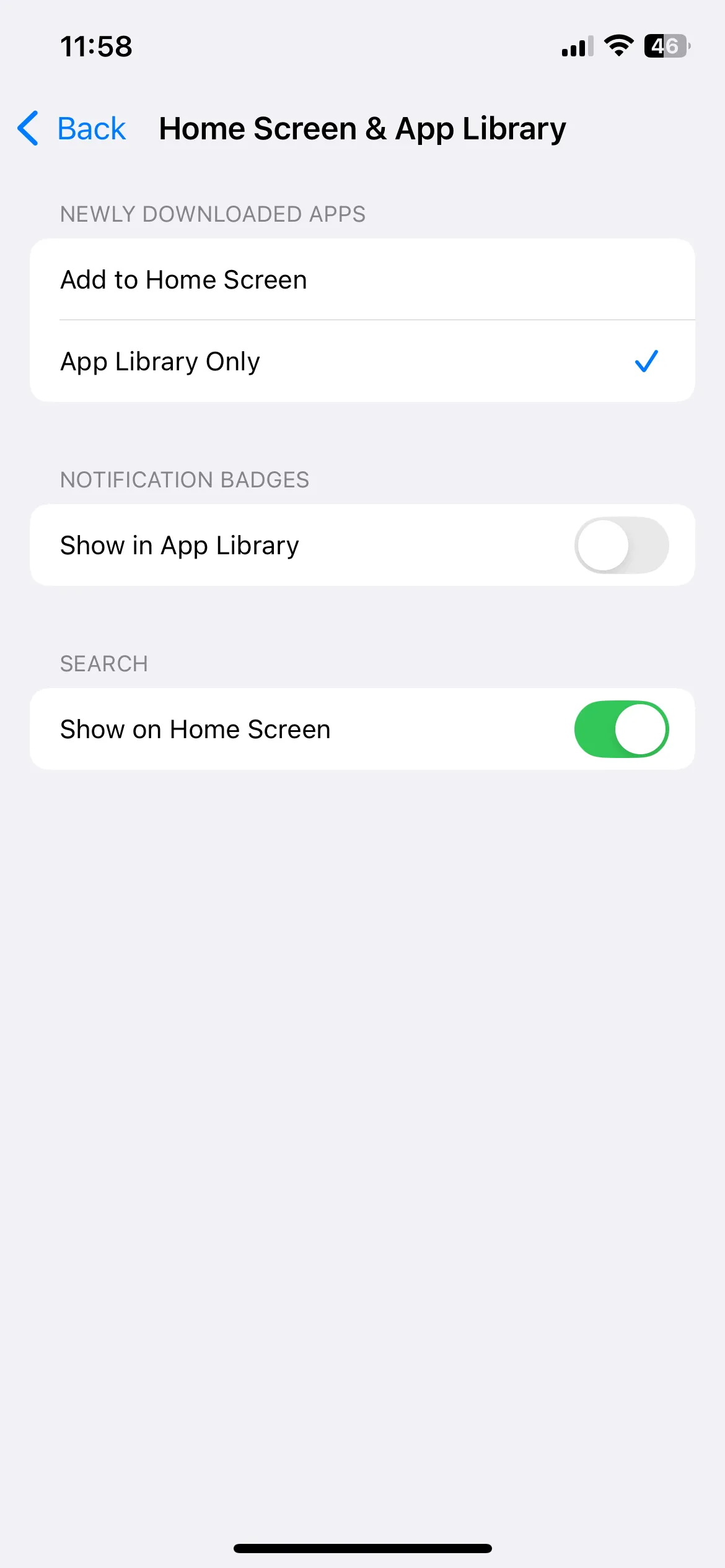 Cài đặt màn hình chính trên iPhone với tùy chọn &quot;Chỉ Thư viện ứng dụng&quot; được chọn cho ứng dụng mới tải về.