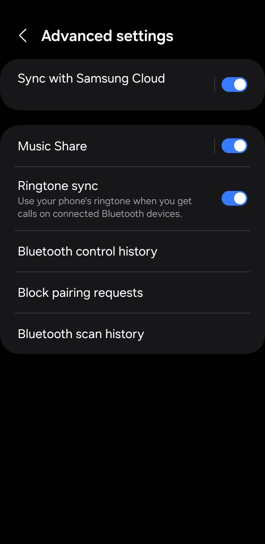Cài đặt nâng cao Bluetooth trên điện thoại Samsung, hiển thị tính năng Chia sẻ nhạc