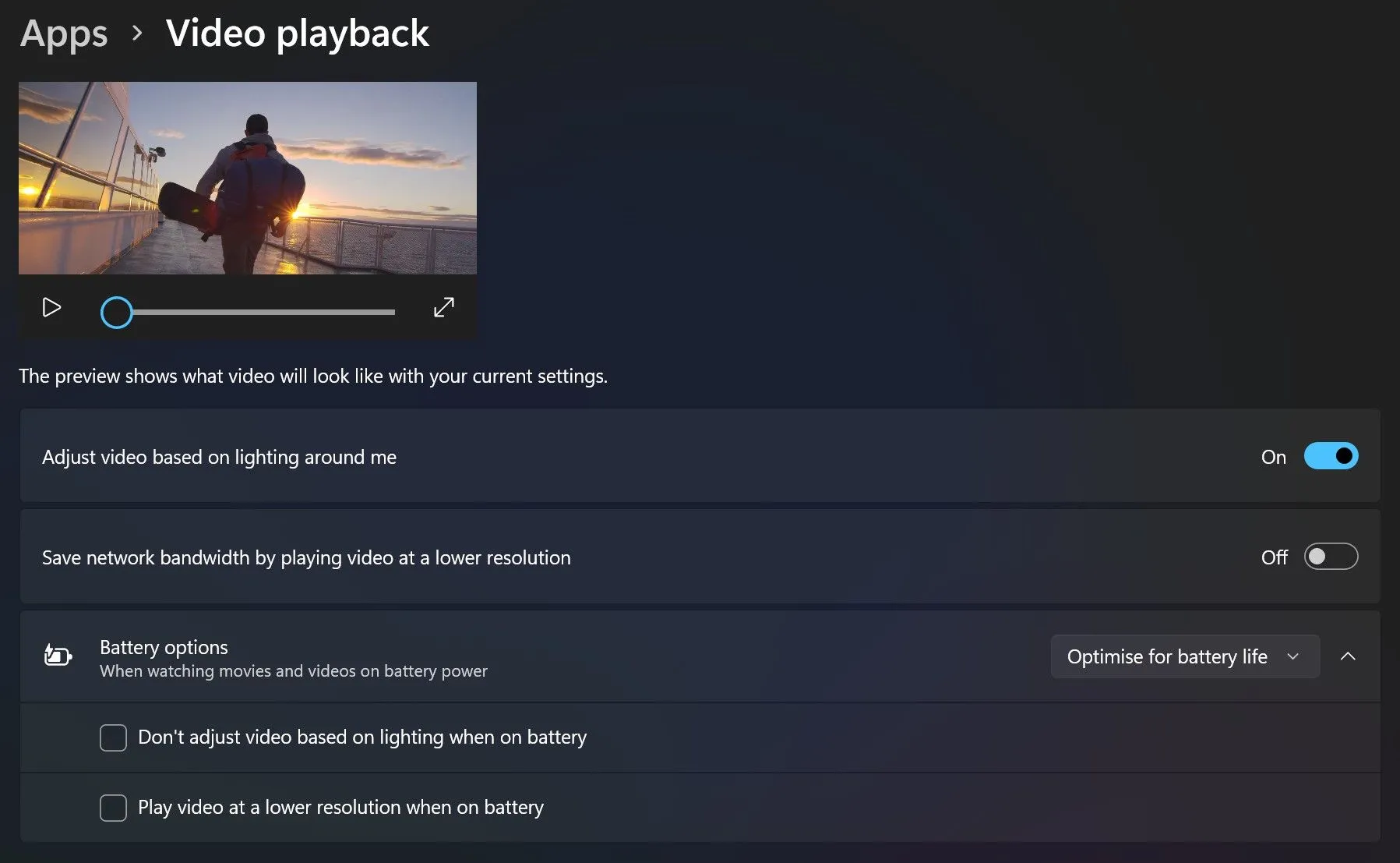 Cài đặt phát lại video trên Windows 11