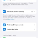 Cài đặt quyền riêng tư và bảo mật trên iPhone, hiển thị mục Phân tích & Cải thiện.
