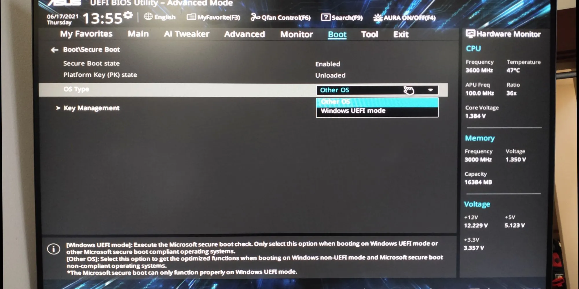 Cài đặt Secure Boot trong giao diện BIOS/UEFI của máy tính ASUS, ảnh hưởng đến quá trình khởi động Windows 10.