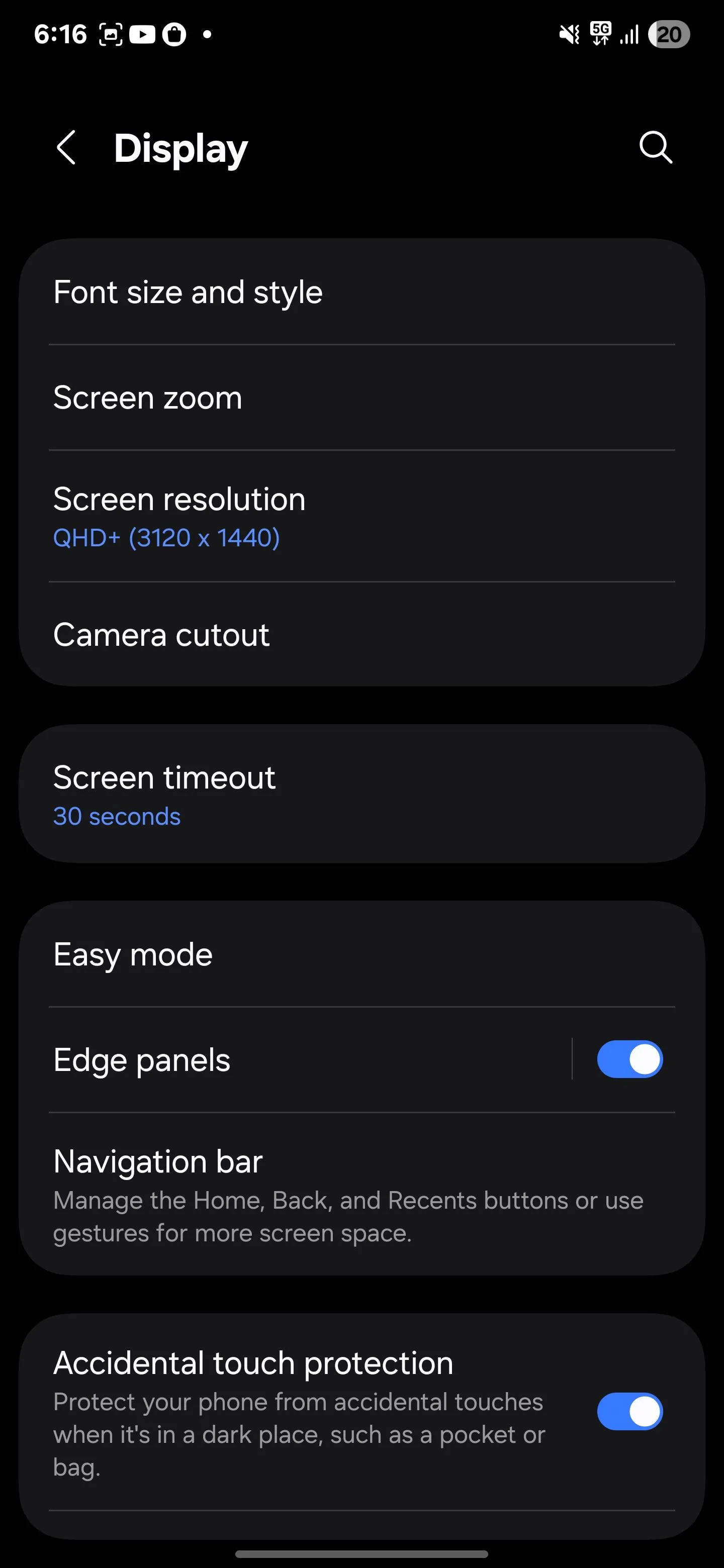 Cài đặt Thời gian chờ màn hình (Screen timeout) trong phần Hiển thị của Samsung