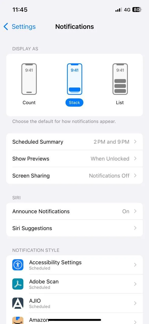 Cài đặt thông báo trên iPhone, nơi người dùng có thể điều chỉnh cách hiển thị bản xem trước.