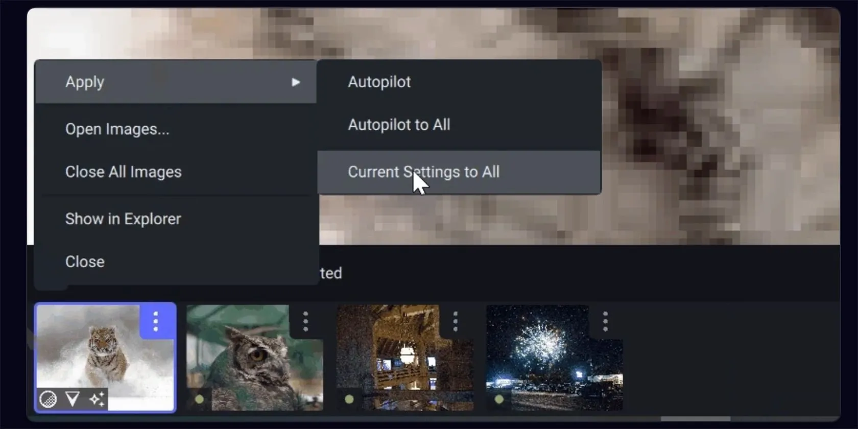 Cài đặt tính năng Autopilot của Topaz Labs, hiển thị các tùy chọn gợi ý chỉnh sửa ảnh tự động bằng AI.