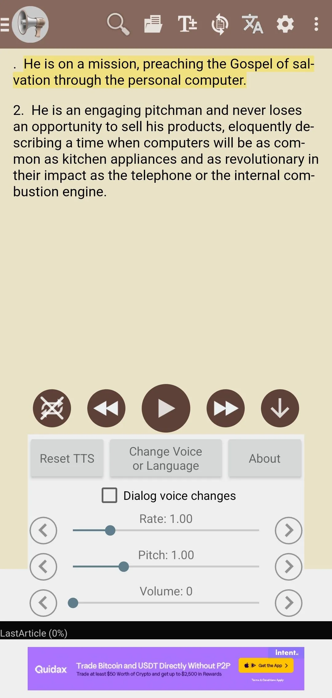 Cài đặt tùy chỉnh giọng đọc trong ứng dụng @Voice Aloud Reader.