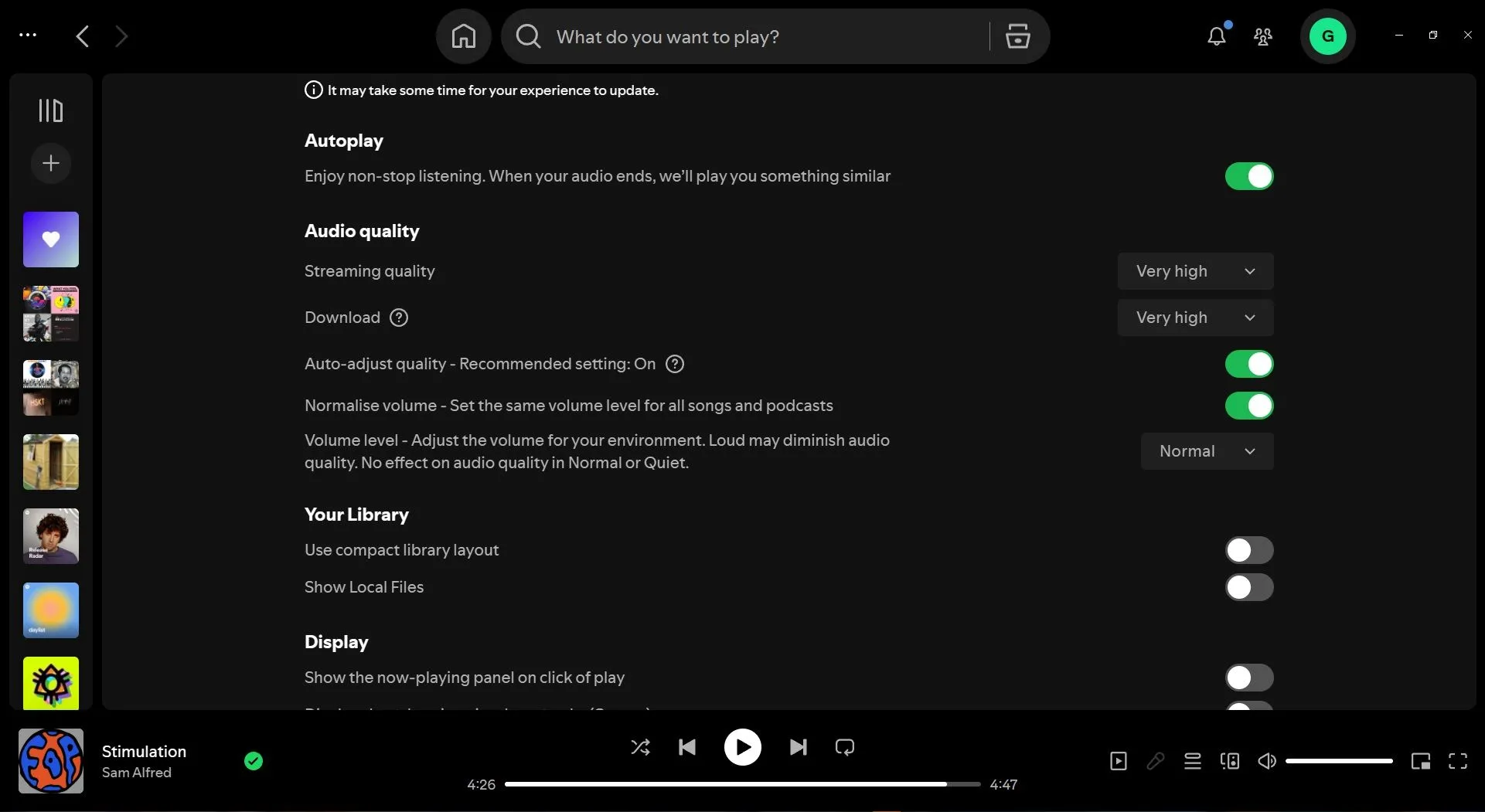 Cài đặt tùy chọn Chuẩn hóa âm lượng (Normalize Volume) trong ứng dụng Spotify để duy trì mức âm thanh ổn định.