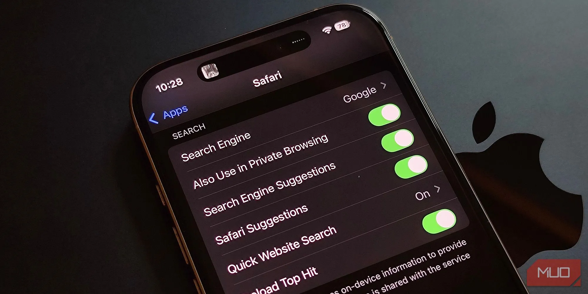Cài đặt ứng dụng Safari trong ứng dụng cài đặt iOS, không có tùy chọn truy cập trực tiếp từ Safari