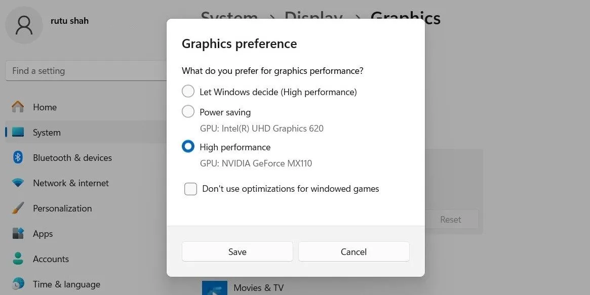 Cài đặt ưu tiên đồ họa trong Windows 11, cho phép chỉ định ứng dụng sử dụng card đồ họa hiệu suất cao.