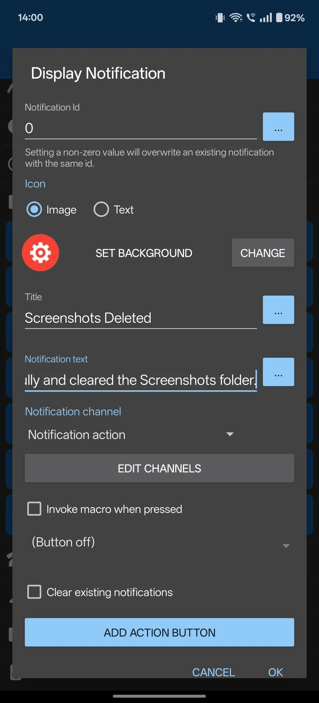 Cấu hình hành động &quot;Display Notification&quot; (Hiển thị thông báo) trong MacroDroid, cho phép người dùng tùy chỉnh tiêu đề và nội dung thông báo sau khi macro chạy.