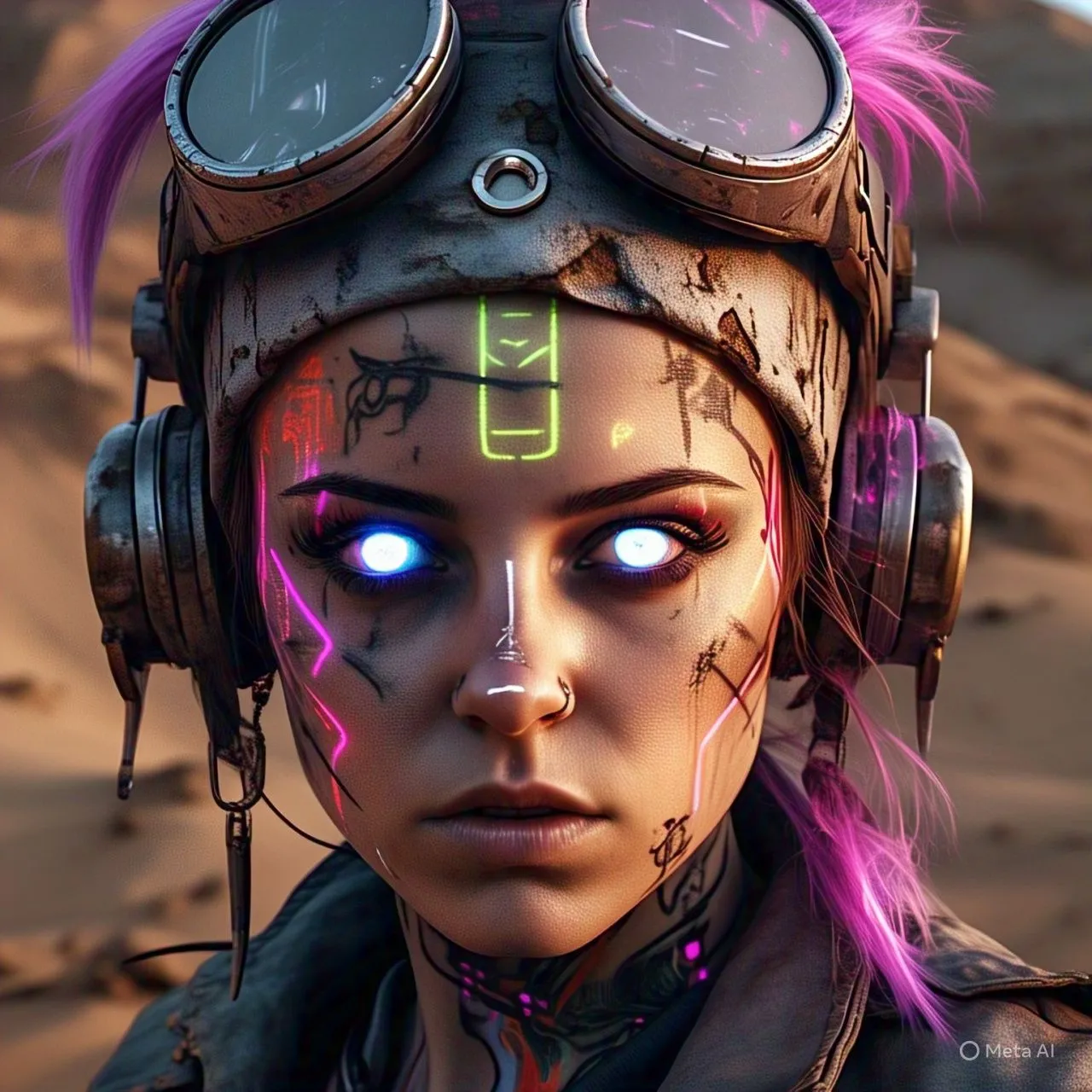Chân dung cận cảnh nữ cyberpunk trong sa mạc rỉ sét