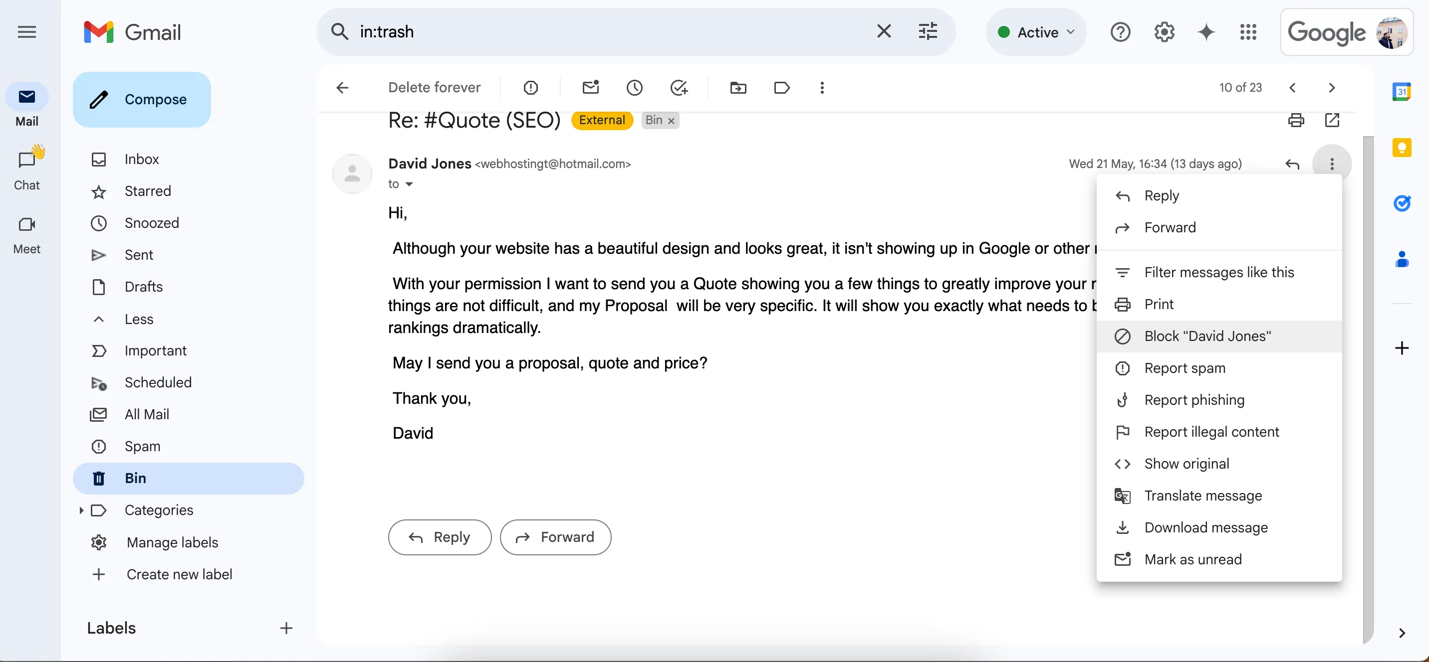 Chặn người gửi trong ứng dụng Gmail để loại bỏ thư rác