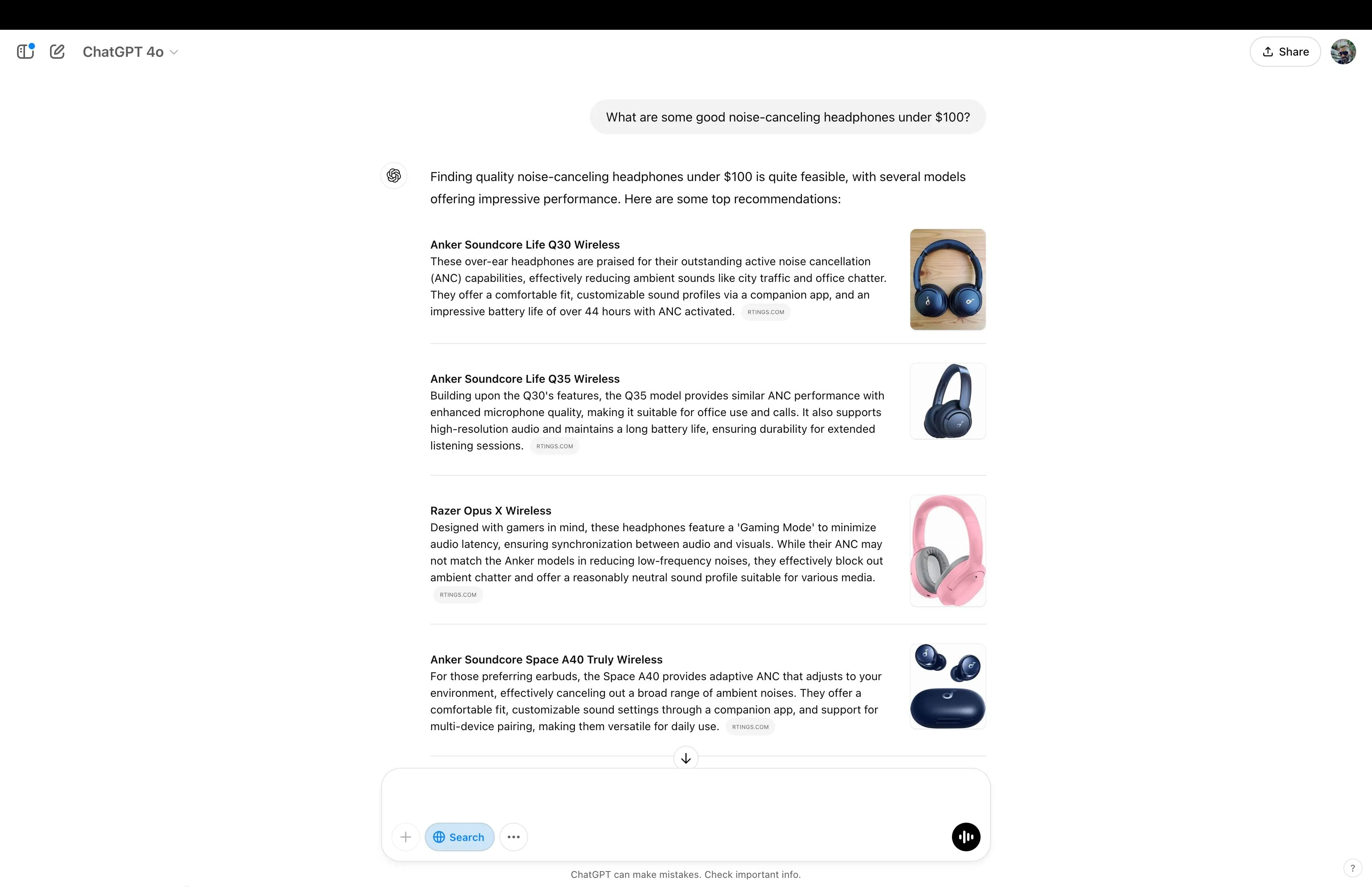 ChatGPT đưa ra danh sách tai nghe chống ồn giá dưới 100 USD khi được hỏi &quot;What are some good noise-canceling headphones under 0?&quot;.